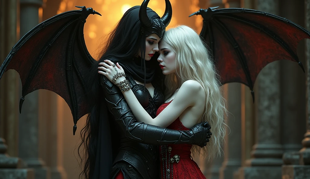Real、 Looks real、 devil、A long horn grows from its forehead、 A beautiful blonde-haired, blue-eyed woman in her twenties、 Wearing a black blue dress、Full Body、Smile eerily、8K
