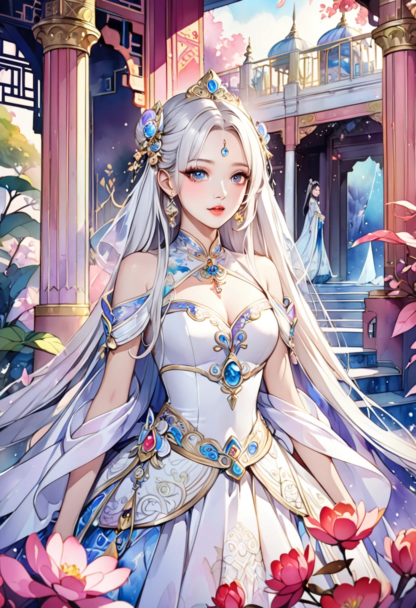 female, white long hair, wearing blue dress elegant, little smile, photorealistic, masterpiece