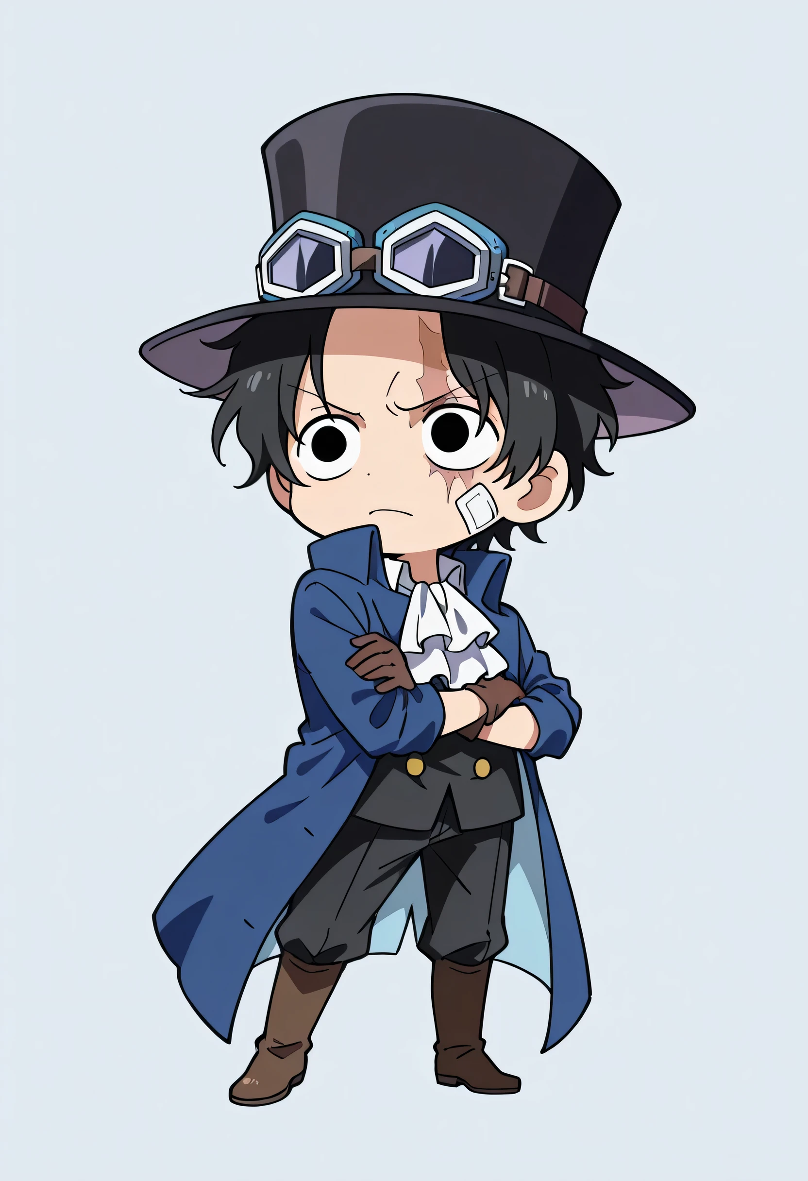 chibi,solo,sabo_one_piece, black hair, black eyes, short hair, scar across eye,bandaid on face,goggles on headwear, top hat,brown gloves, black headwear, white ascot, coat, blue shir,fullbody,good cool model pose,