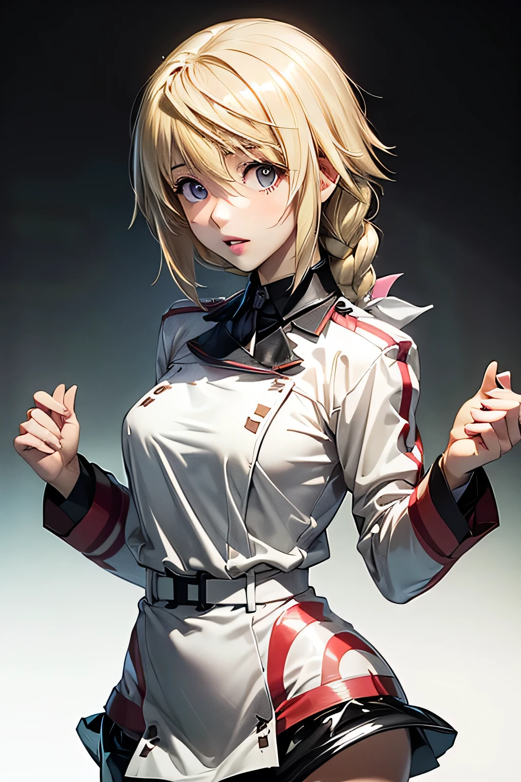 best quality, masterpiece, Highly detailed, illustration, absurdres, military form, White gloves, white jacket, white skirt, white military uniform, white uniform, white hat, belt, standing, girls, standing at attention, multiple girls, Team Squad, expressionless, blank eyes, l, emotionless, corrution, mind control, female combatant, full body, hypnotized, unhappy trance, perfect female body, extremely glossy latex, hypnosis, hypnoLora, empty eyes, Mind control device, thigh high, poses, submissive_pose, rubber bodysuit, nazi saluting, military, military saluting, salute, Bleach, Quincy, thighhighs, tight miniskirt, tie, Nadja, Tomorrow's Nadja, blue eyes, Blonde hair, dancing, lipstick, black lipstick, ballet