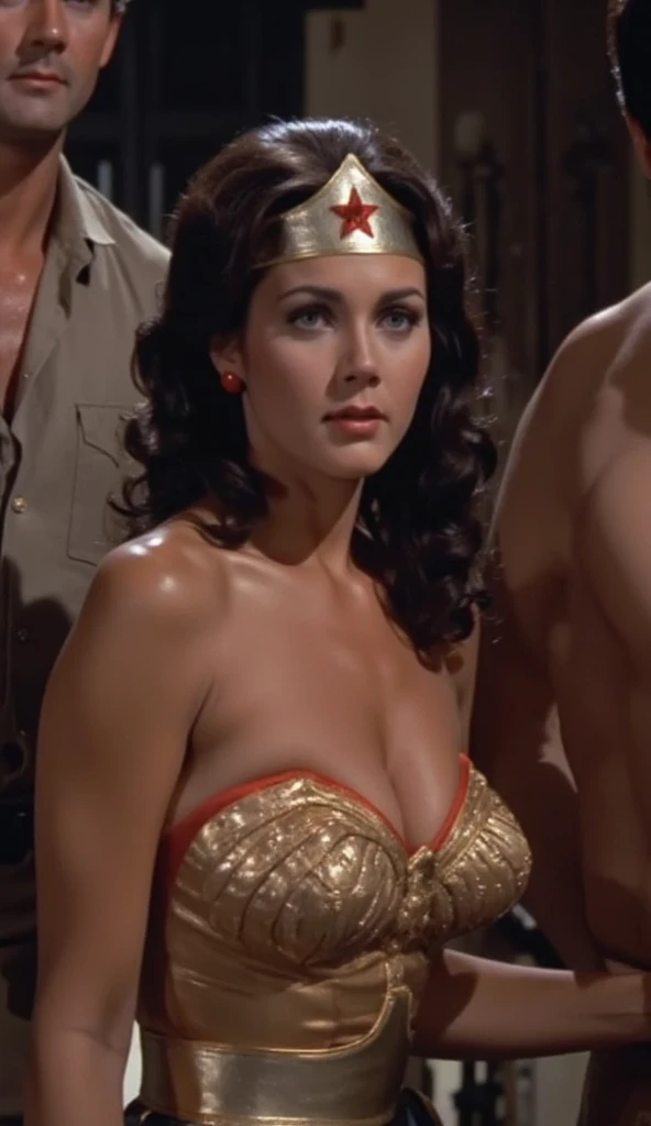 35mm photo of lynda carter wonder woman, looking at viewer, (midriff), huge pregnant belly, short curly hair, old vintage movie scene, grainy film, vintage film, cleavage, film grain, movie still, movie screenshot