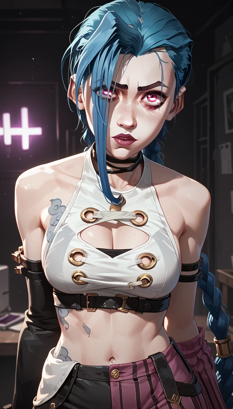 (very detailed background:1.0), (highly detailed background:1.0), (Masterpiece), High Quality, 1girl, woman, tattoo, irezumi, depth of field, dynamic lighting, high quality shadows, feminine, plunging neckline, breast curtains, Revealing clothes, , white dress, reze, purple hair