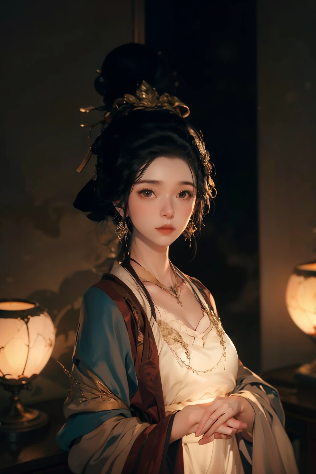 zhongfenghua,(((RAW photo, best quality))), (((realistic, photo-realistic:1.3))), extremely delicate and beautiful, amazing, finely detailed, masterpiece, ultra-detailed, high-resolution, best illustration, best shadow, intricate, depth of field, (((dramatic lighting:1.4))), (((from above:1.2))), sharp focus, volumetric fog, 8K UHD, DSLR, high quality, (((film grain:1.4))),(((best quality))),(((ultra detailed))),(((masterpiece))),illustration,traditional Chinese beauty,graceful demeanor,elegant attire,flowing silk dress,cultural heritage,fine embroidery,ornate hair accessories,porcelain-like complexion,almond-shaped eyes with subtle eyeliner,natural rosy lips,delicate features,subtle and refined expressions,lotus-inspired motifs,serene garden backdrop,soft natural lighting,harmonious color palette,sublime elegance