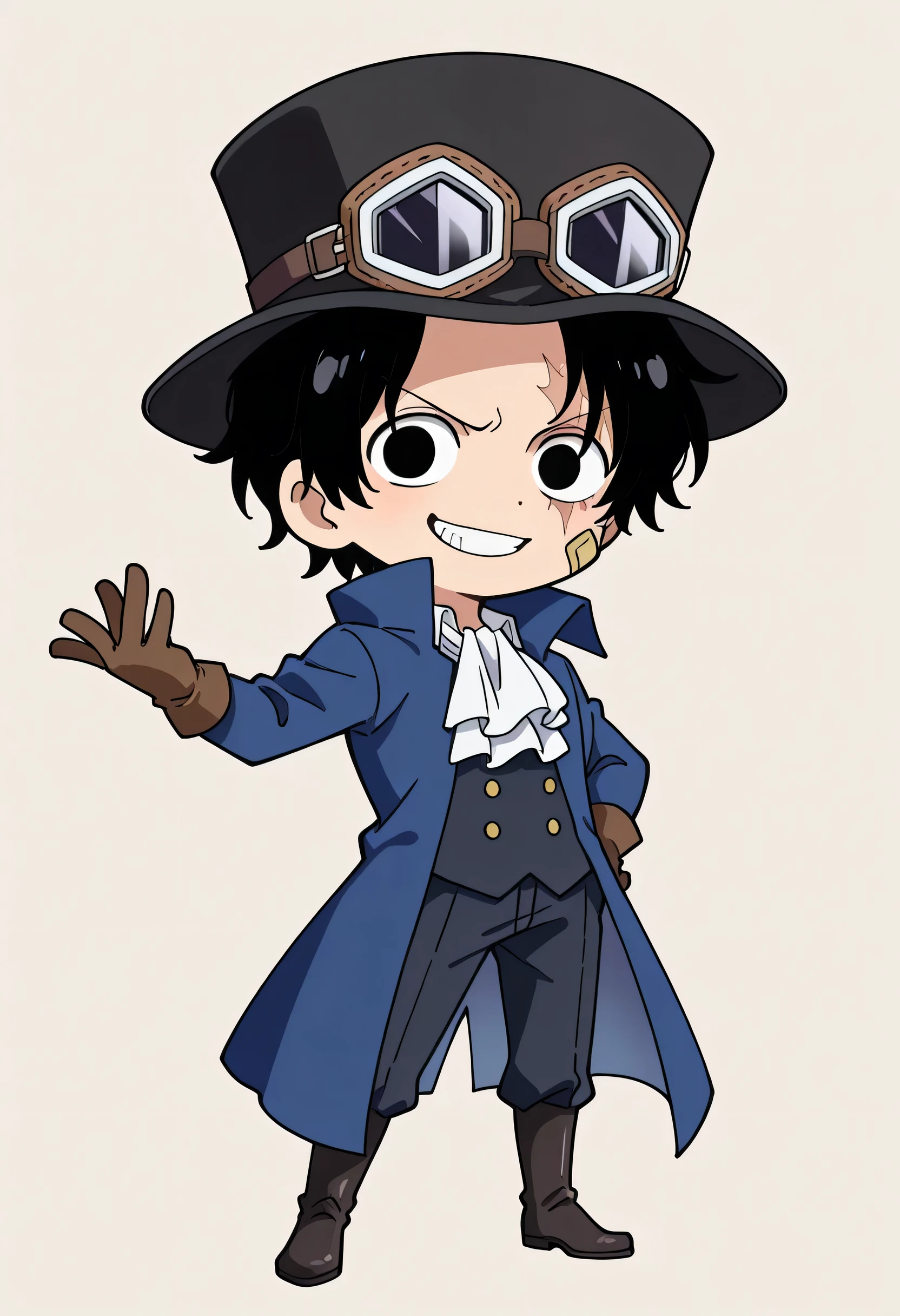 chibi,solo,sabo_one_piece, black hair, black eyes, short hair, scar across eye,bandaid on face,goggles on headwear, top hat,brown gloves, black headwear, white ascot, coat, blue shir,fullbody,good cool model pose,grin