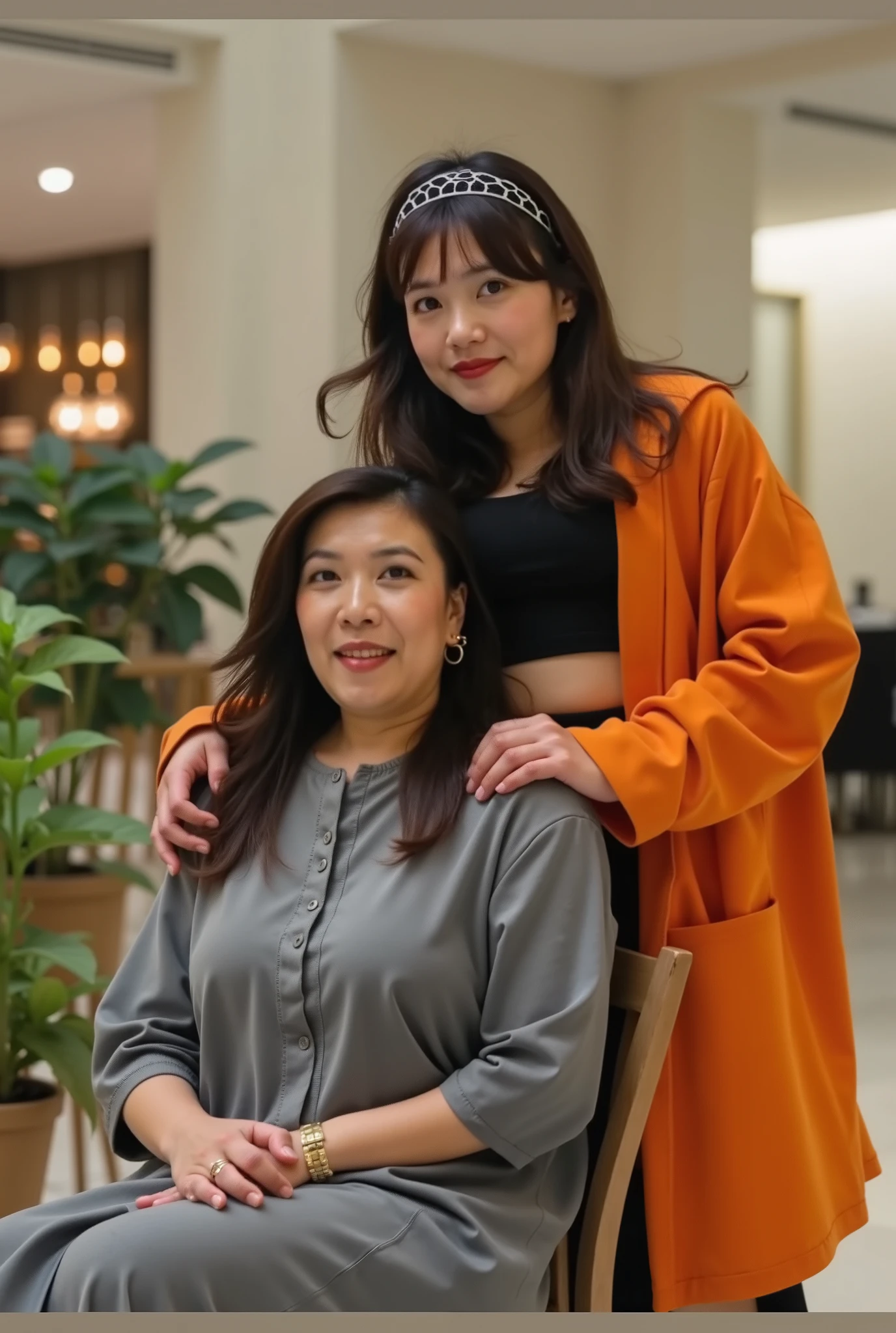 The photo shows a mother from Indonesia, somewhat chubby, wearing a long gray dress with shoulder-length hair, sitting on a chair, behind her standing while embracing, a woman wearing a bright orange oversized jacket. She wore a black crop top in it and combined it with long flowing hair and accessories in the form of a bando. The backdrop is an indoor area that looks like a shopping mall, with soft lighting and some houseplants faintly visible behind it. The style of clothing gives it a casual and modern feel. 