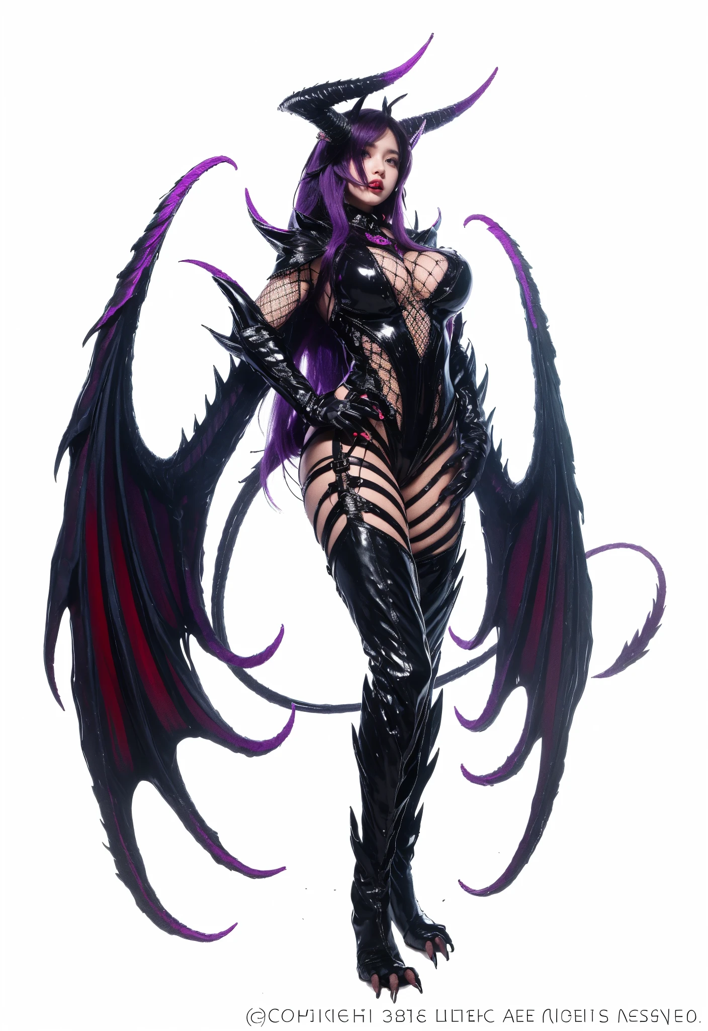 Stormy Daniels as a hyper-giant, Hyper-powerful demon with a demon horn on its head and demon wings, and throws purple lightning bolts at a building and breaks buildings , ville en ruine post apocalyptique,