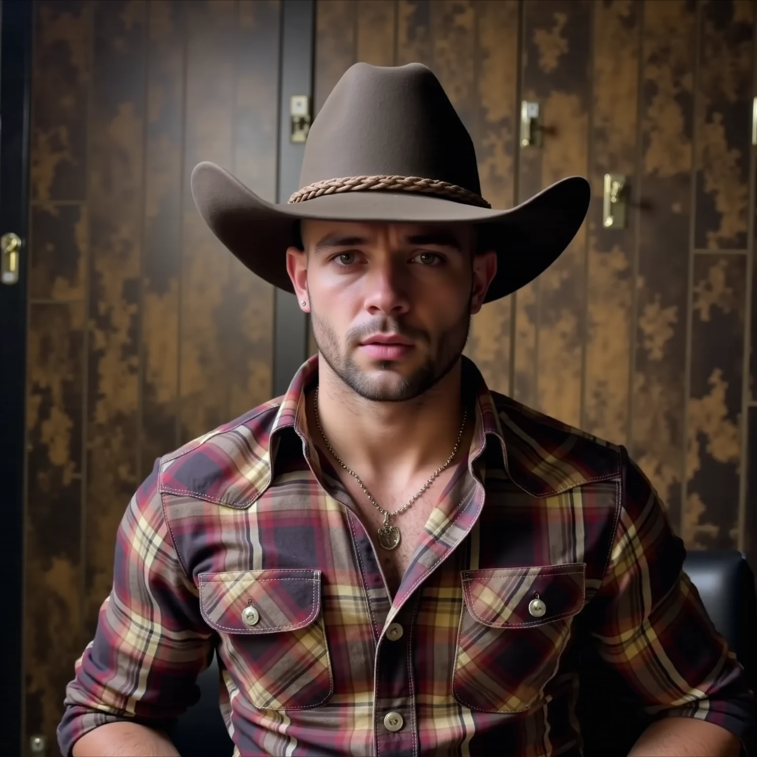 An Arafat man wearing a cowboy hat and plaid shirt posing for a photo, a color photo inspired by Clint Cearley , Trends on Pexels, fantastic realism , Western clothing , Cowboy style, , con una camisa de flannel, 🤠 using a 🖥, cowboy theme , flannel, Man and Tough , with a plaid shirt, Country style