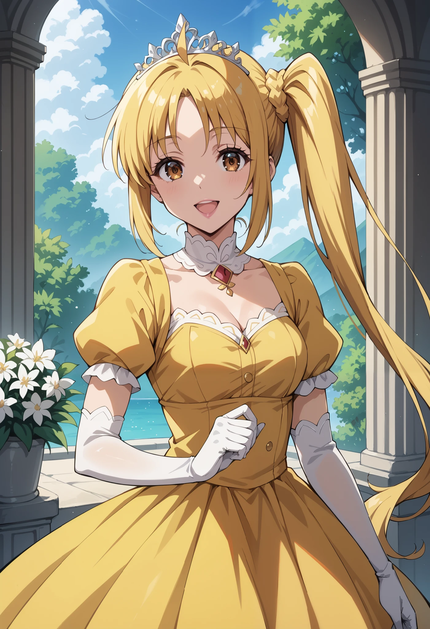 Score_9, score_8_up, score_7_up, source_anime, nijika ijichi, ahoge, yellow hair, brown eyes, side ponytail, (best quality), (high quality), {masterpiece}, perfect hands, extremely delicate and beautiful, ultra-detailed, beautiful detailed eyes, princess, yellow dress, puffy sleeves, short sleeves, white elbow gloves, silver tiara, jewelry, in the palace, pink lips, smile, open mouth, standing
