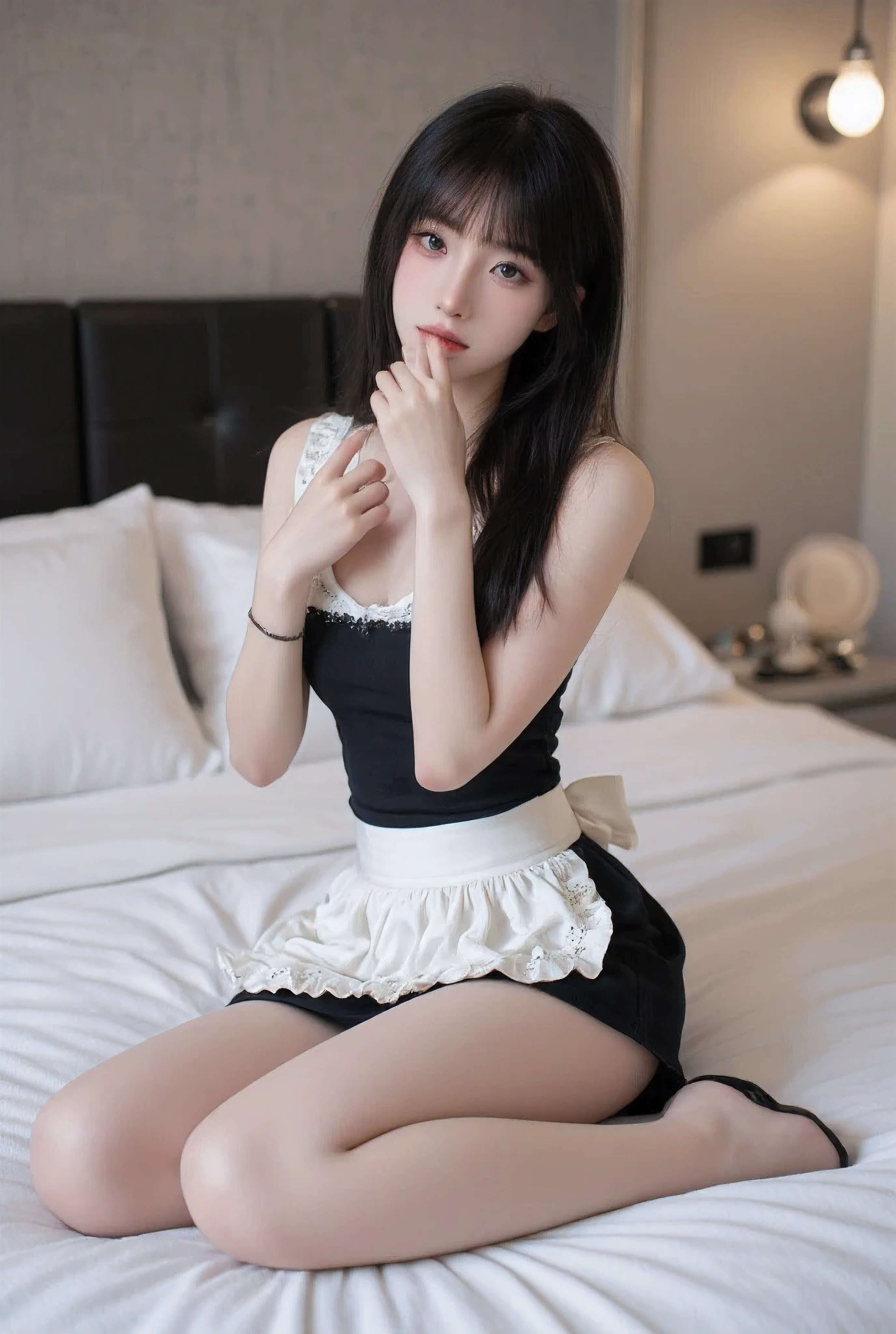 ((Maid、 top quality 、masterpiece、 high res)), (( full body photo )), flat Breasts, ( slim waist), beautiful thigh , beautiful legs, cute face, Black Hair, embarrassing, (( random cute hairstyle)),Maid服, table top in bed, very elaborate and beautiful 、17-year-old woman, ager female , gentle expression
,Kind Face