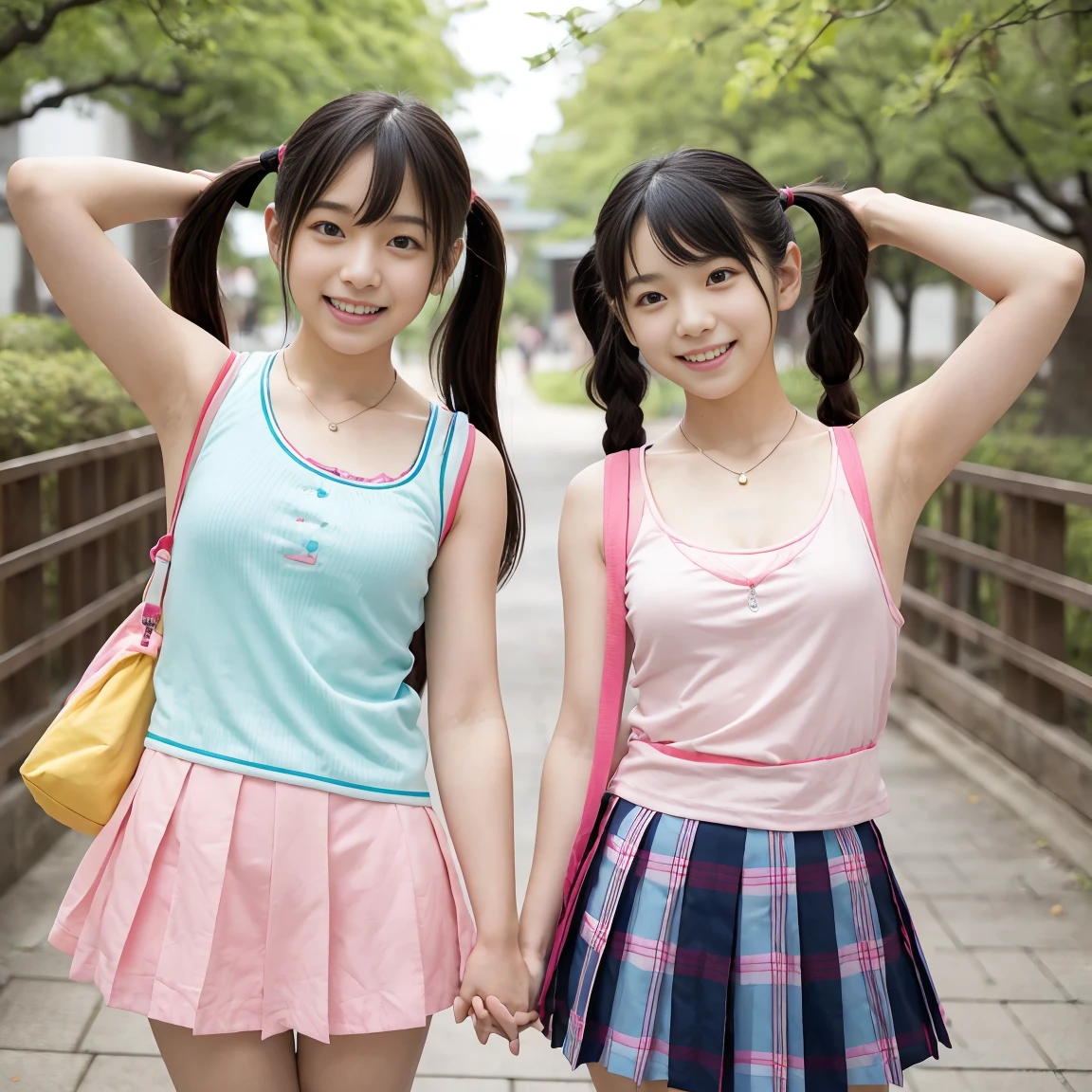 Asian cute girl, , a little kid, with T-shirt and short skirt, big breasts, baby face, tiny kid, tiny body, short arms, short legs, bending forward, exposing her cleavage, solo, smile