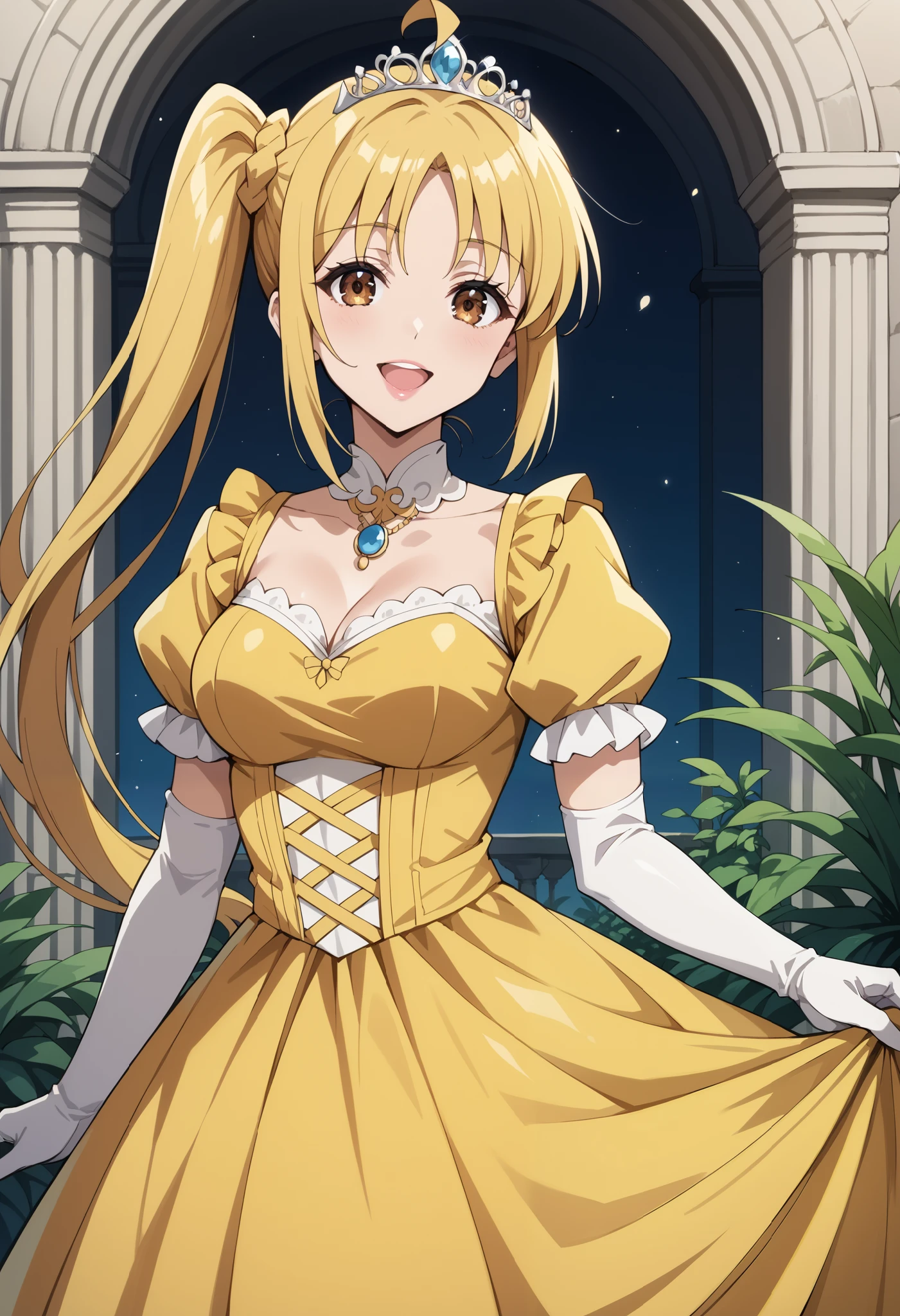 Score_9, score_8_up, score_7_up, source_anime, nijika ijichi, ahoge, yellow hair, brown eyes, side ponytail, (best quality), (high quality), {masterpiece}, perfect hands, extremely delicate and beautiful, ultra-detailed, beautiful detailed eyes, princess, yellow dress, puffy sleeves, short sleeves, white elbow gloves, silver tiara, jewelry, in the palace, pink lips, smile, open mouth, standing