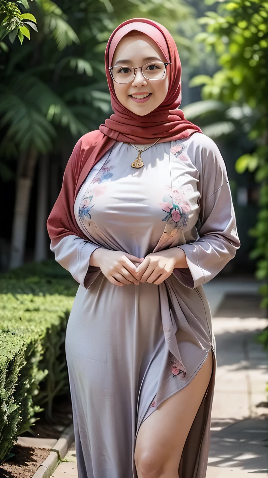 RAW, Best quality, high resolution, Masterpiece: 1.3), Beautiful Malay woman in hijab, Masterpiece, Perfect slim body, ((Big breasts)), Beautiful big eyes, water eyes, Soft smile, ((wearing tight red pastel floral malay gamis with closed hijab)), simple diamond necklace, ((closed clothes), ((polite clothes)), windy, skin details, skin texture details, wide hips, thick thighs, sexy body, morning time, laughing, happy, bright sunlight, flower garden path, blurred background, bokeh,