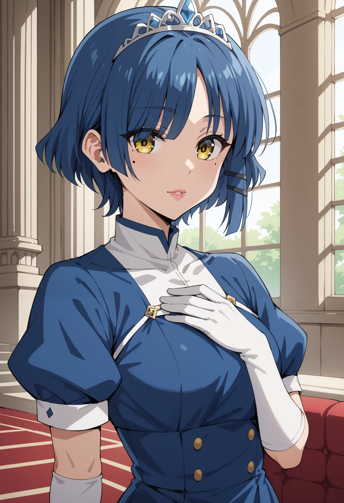 Score_9, score_8_up, score_7_up, source_anime, ryou yamada, blue hair, eyes visible through hair, mole, mole under eye, short hair, yellow eyes, hairclips, (best quality), (high quality), {masterpiece}, perfect hands, extremely delicate and beautiful, ultra-detailed, beautiful detailed eyes, princess, blue dress, puffy sleeves, short sleeves, white elbow gloves, silver tiara, jewelry, in the palace, pink lips, no impression, standing