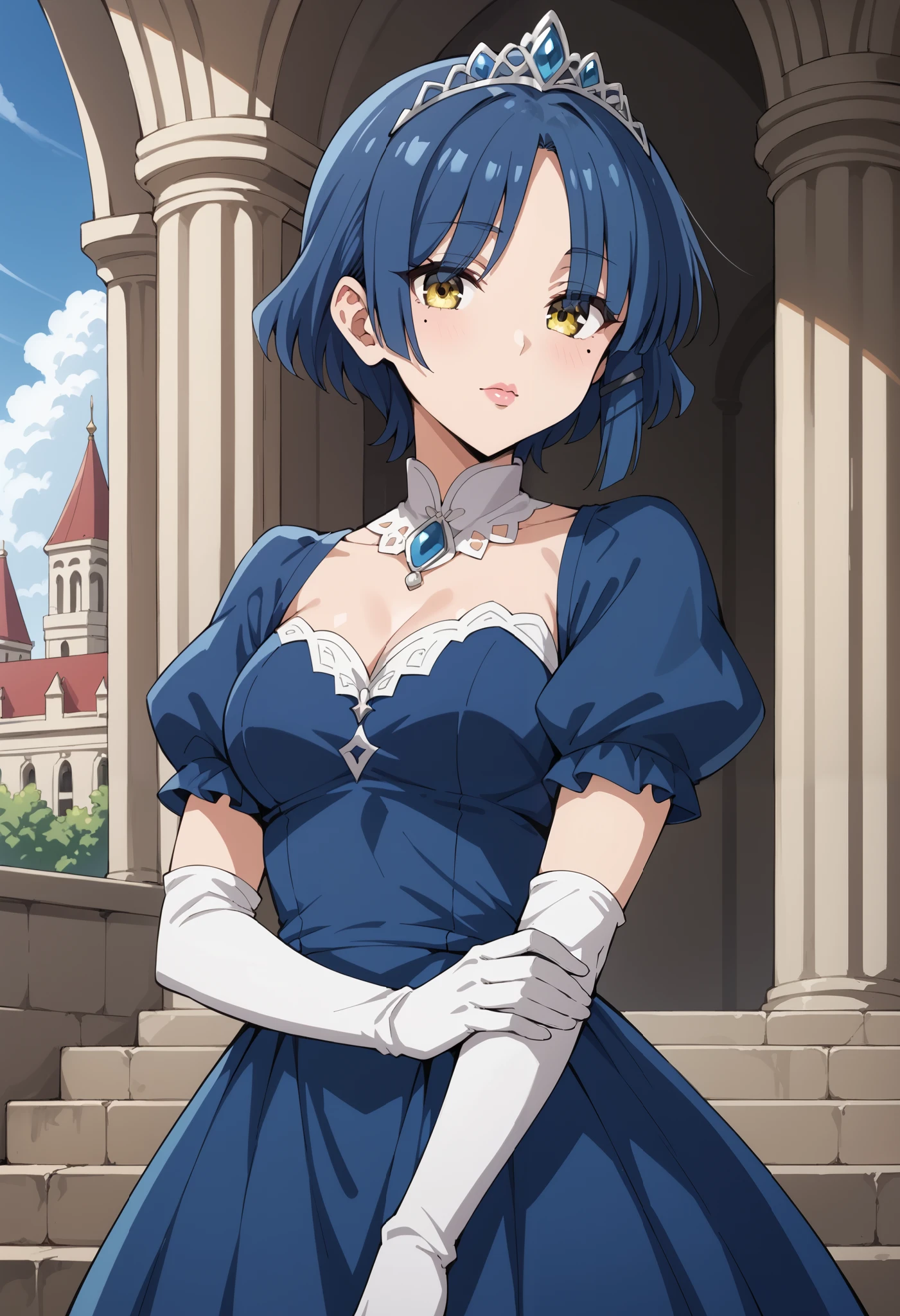 Score_9, score_8_up, score_7_up, source_anime, ryou yamada, blue hair, eyes visible through hair, mole, mole under eye, short hair, yellow eyes, hairclips, (best quality), (high quality), {masterpiece}, perfect hands, extremely delicate and beautiful, ultra-detailed, beautiful detailed eyes, princess, blue dress, puffy sleeves, short sleeves, white elbow gloves, silver tiara, jewelry, in the palace, pink lips, no impression, standing