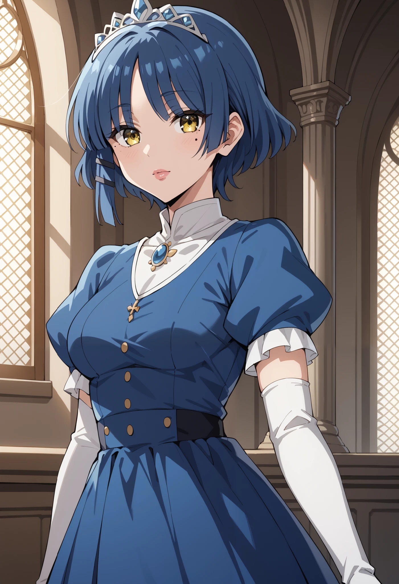 Score_9, score_8_up, score_7_up, source_anime, ryou yamada, blue hair, eyes visible through hair, mole, mole under eye, short hair, yellow eyes, hairclips, (best quality), (high quality), {masterpiece}, perfect hands, extremely delicate and beautiful, ultra-detailed, beautiful detailed eyes, princess, blue dress, puffy sleeves, short sleeves, white elbow gloves, silver tiara, jewelry, in the palace, pink lips, no impression, standing