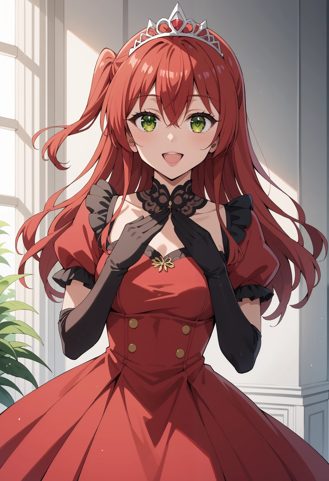 Score_9, score_8_up, score_7_up, source_anime, ikuyo kita, green eyes, hair between eyes, long hair, one side up, red hair, (best quality), (high quality), {masterpiece}, perfect hands, extremely delicate and beautiful, ultra-detailed, beautiful detailed eyes, princess, red dress, puffy sleeves, short sleeves, black elbow gloves, silver tiara, jewelry, in the palace, pink lips, smile, open mouth, standing