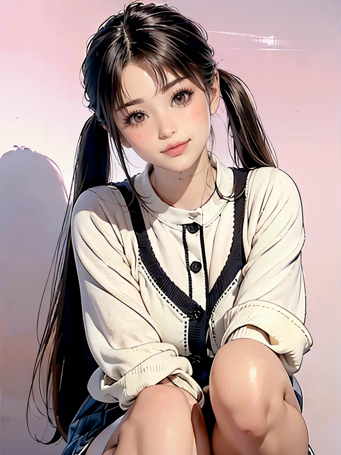 beautiful young Japanese girl . silver color highlights 、 dark ash brown color hair , twin tail hairstyle、glamorous BODY,
Hair、school uniform, white shirt up to the 2nd button、Bare Cardigan , Checkered micro mini skirt、 Knee High Socks,(high angle, crouch)、 sideways,(pink board background,simple background).
, (( provocative smile in cell anime style))、(),((Raise your eyebrows )), eyebrows hidden under the hair, naughty, cheeky face, Makeup,( high resolution, masterpiece, anatomically correct, best quality, High Definition Model , very detailed, Ultra Fine, ) (open your eyes, Looks bored, showing teeth and laughing) ,