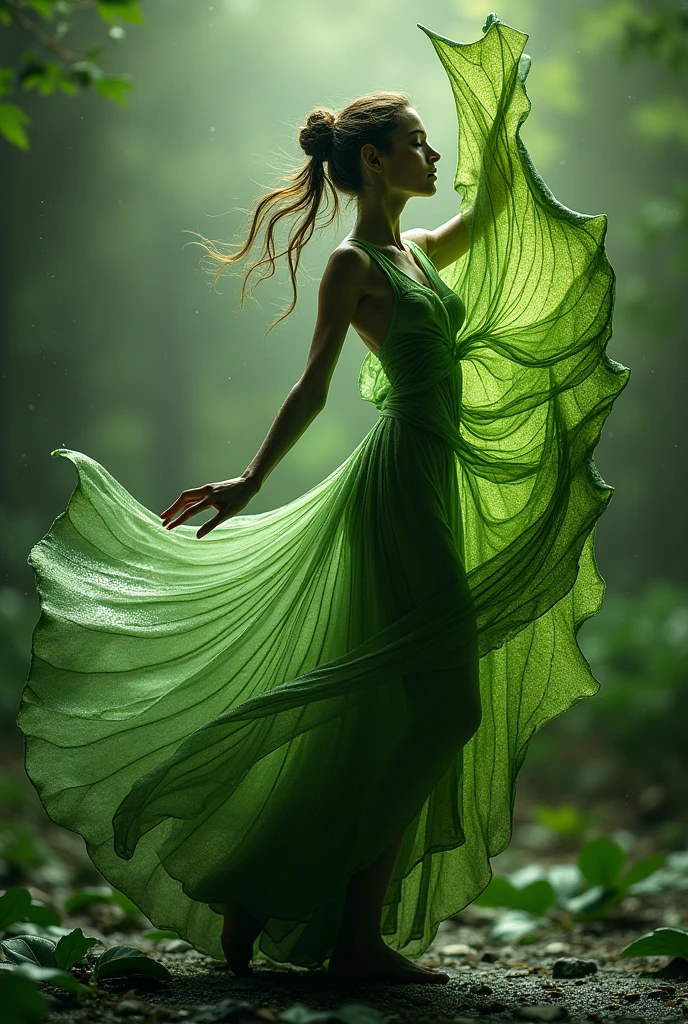 A delicate, dance intricate leat veins
resembling delicate brushstrokes,
as tendrils of foliage swirl around
the figure, blurring the lines
between dancer and environment,
against a backdrop of gentle,
glistening raindrops