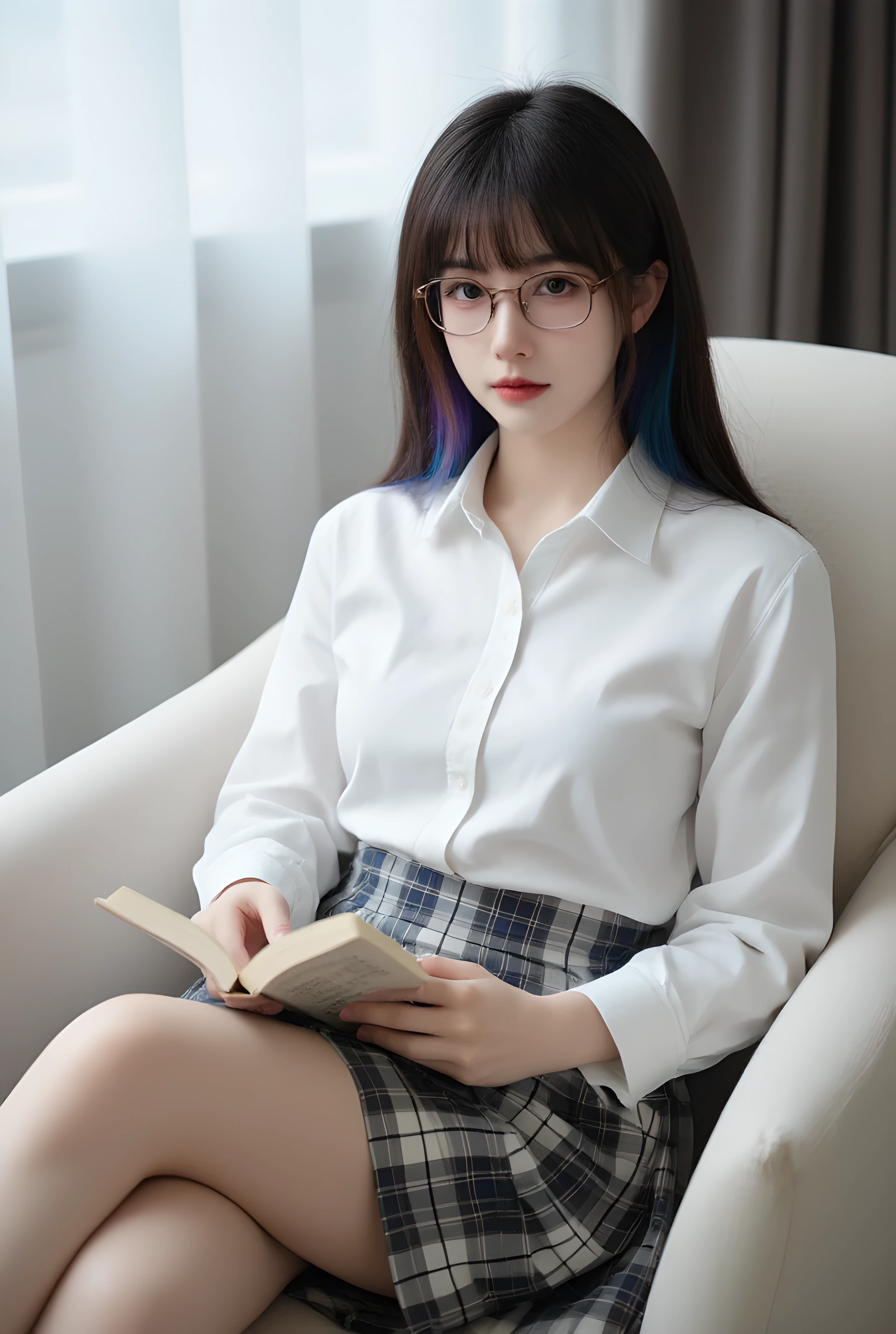 ((Maid、 top quality 、masterpiece、 high res)), (( full body photo )), Full-body view of a young girl, -, with a cute yet elegant appearance. She has a slender, youthful figure, sitting gracefully with a relaxed, thoughtful expression on her face. Her posture is casual but refined, exuding a quiet elegance. Her skin is smooth and radiant, with a subtle glow enhanced by soft, natural light.
Her hair is styled in a thick Korean bob, ending just above her shoulders, with a smooth inward curve at the ends. The hair features a beautiful blend of black, brown, purple, and blue tones, creating a soft gradient. Her bangs are even and soft, brushing her eyebrows, with slightly layered sides framing her delicate features. She wears a pair of rectangular glasses with thin, sleek borders, and the lenses are tinted in a subtle gradient of purple and blue, adding to her bookish charm.
She is dressed in a cute and elegant school uniform: a crisp white shirt with a wide collar, adorned with a dark blue ribbon tied neatly under the collar, giving off a studious yet sweet vibe. Her shirt is tucked into a high-waisted plaid skirt that ends just above her knees, with a soft pleat that adds a youthful and playful touch. The outfit is completed with knee-high white socks and simple black shoes, perfect for her schoolgirl charm.
She is seated on a comfortable chair, one leg crossed casually over the other, with her hands resting gently in her lap, holding a book. Her focus is on the book, but her expression is soft, with a hint of sweetness in her demeanor. The natural light falls gently on her, illuminating her hair, face, and outfit, adding depth and dimension to her appearance. The background is softly blurred, keeping the focus on her and her serene, adorable presence.