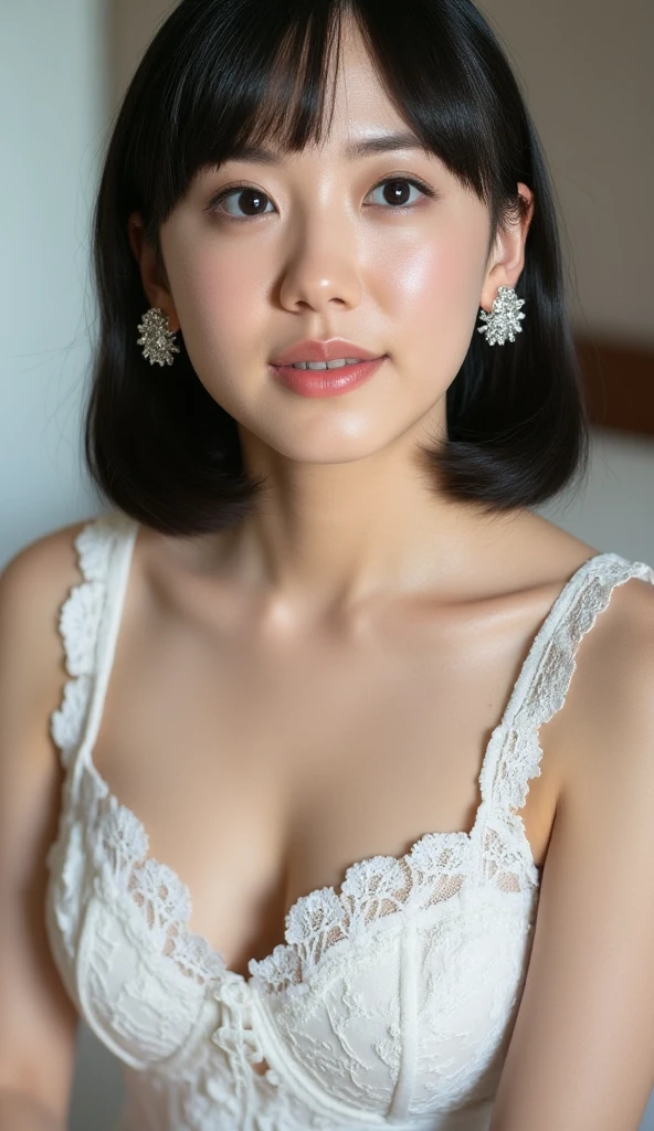 Nikon Z 85mm, ((highest quality)) ((masterpiece)), intricate details, sharp focus, professional, photorealistic, surrealistic, photorealism, fine detail, top quality, highly detailed CG Unity 32k wallpaper, perfect artwork, shiny hair, glowing eyes, shiny skin, realistic, perfect female figure, constricted waist, Very delicate and beautiful, best quality, beautiful detailed girl, staring at the viewer, smile: 1.4, beautiful fine eyes, face lights, see-through, long white wedding dress, wedding ring on ring finger, realistic expression of face, intricate details, makeup, perfect proportions (detailed beautiful delicate face, detailed beautiful delicate eyes, face) perfect proportions, detailed skin, detailed skin, standing figure, best ratio 4 fingers and 1 thumb, chapel: 1.4,