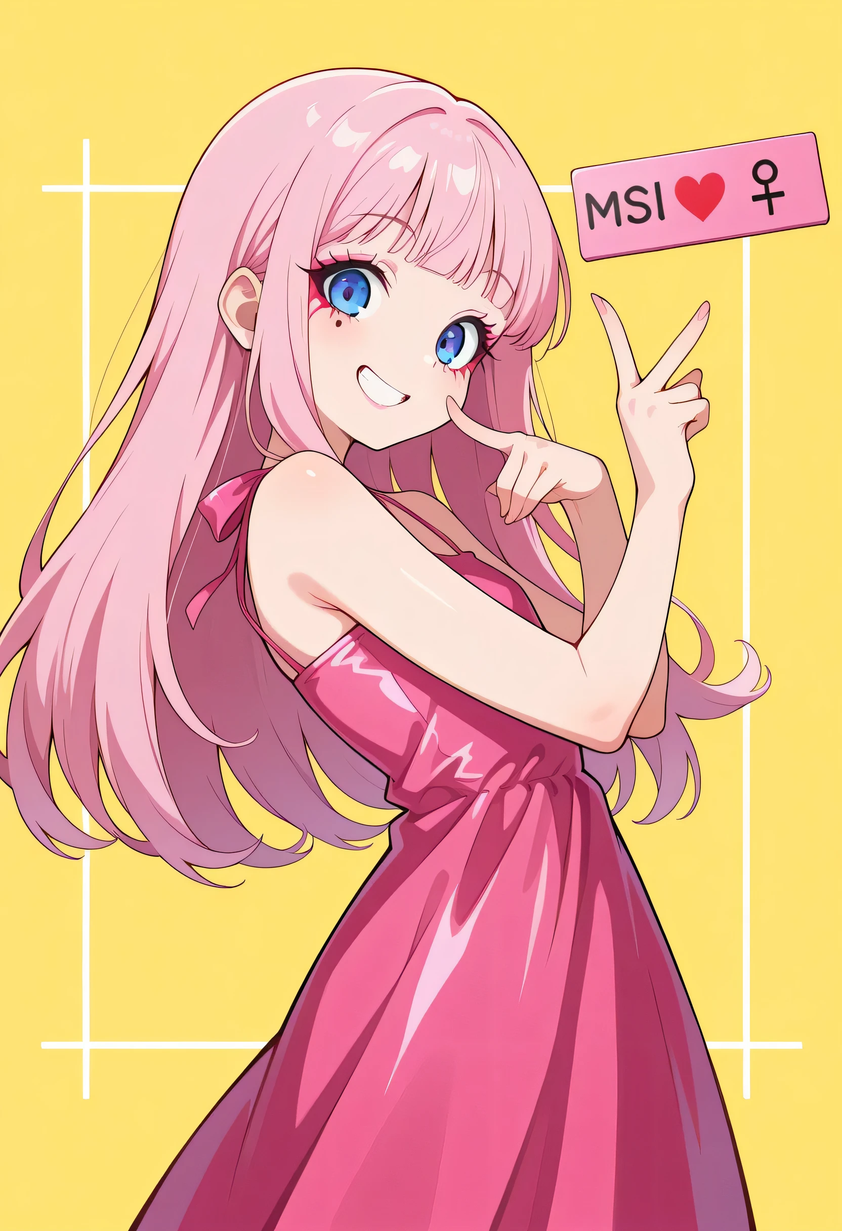 solo,,makeup,eyelash,shiny pink long hair,bangs,cute face,flil dress,piece sign,upperbody,good cool model pose,grin,side view,looking at viewer,