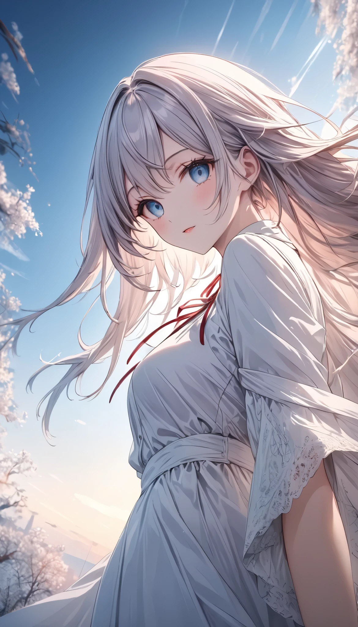 (best quality, Ultimate resolution, masterpiece), a beautiful woman, solo, super detailed, from below, peers at you, transparent atmosphere, Clear sunrise background, super detailed, Natural soft focus, exposure, dramatic lighting, adjust color balance, harmony between subject and background, movie-like scene, super retina, ultimate resolution processing, 16k, ultra fine,