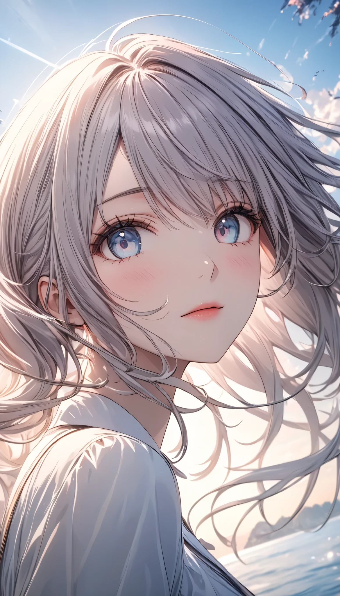 (best quality, Ultimate resolution, masterpiece), a beautiful woman, solo, super detailed, from below, peers at you, transparent atmosphere, Clear sunrise background, super detailed, Natural soft focus, exposure, dramatic lighting, adjust color balance, harmony between subject and background, movie-like scene, super retina, ultimate resolution processing, 16k, ultra fine,