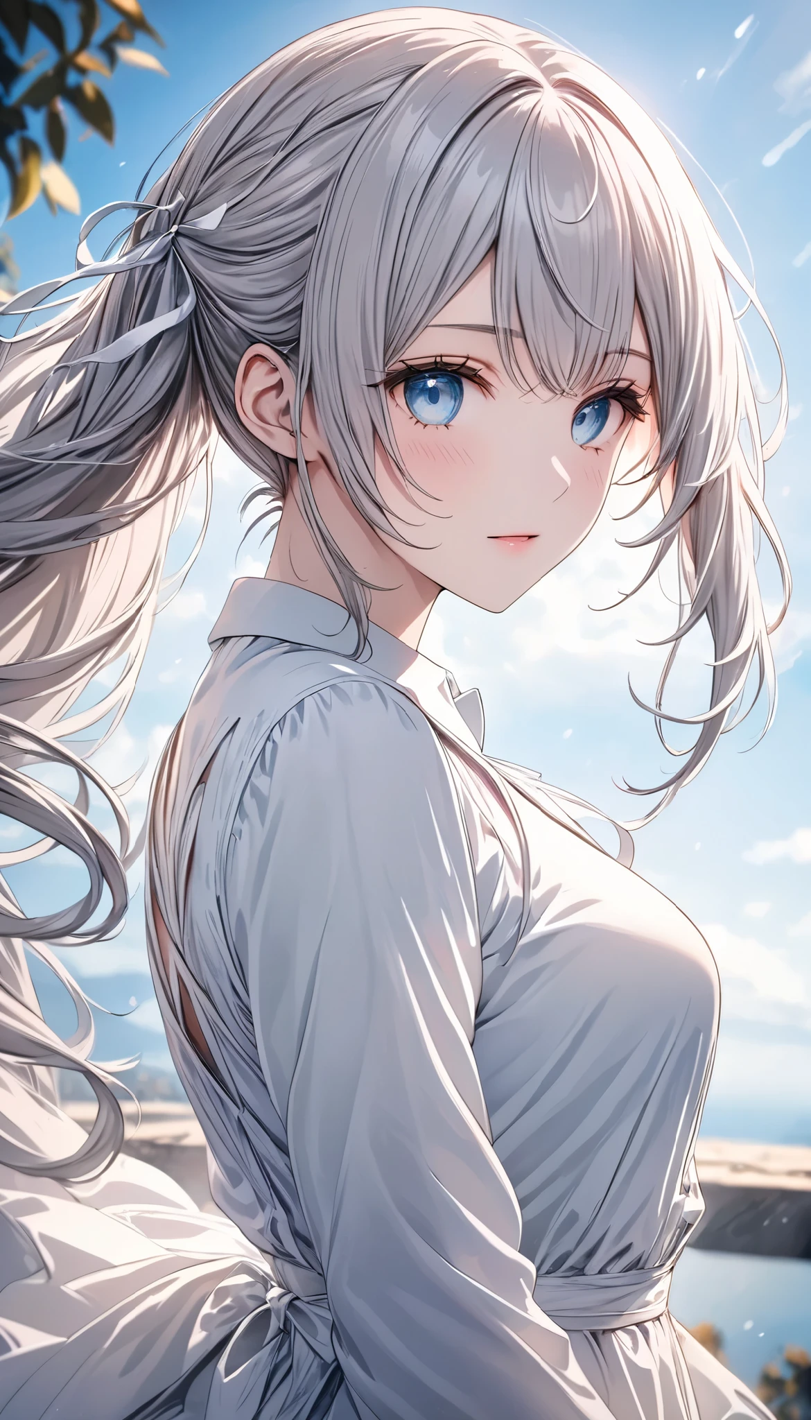 (best quality, Ultimate resolution, masterpiece), a beautiful woman, solo, super detailed, transparent atmosphere, looking for the blue-sky, super detailed, Natural soft focus, exposure, dramatic lighting, adjust color balance, harmony between subject and background, movie-like scene, super retina, ultimate resolution processing, ultra fine,