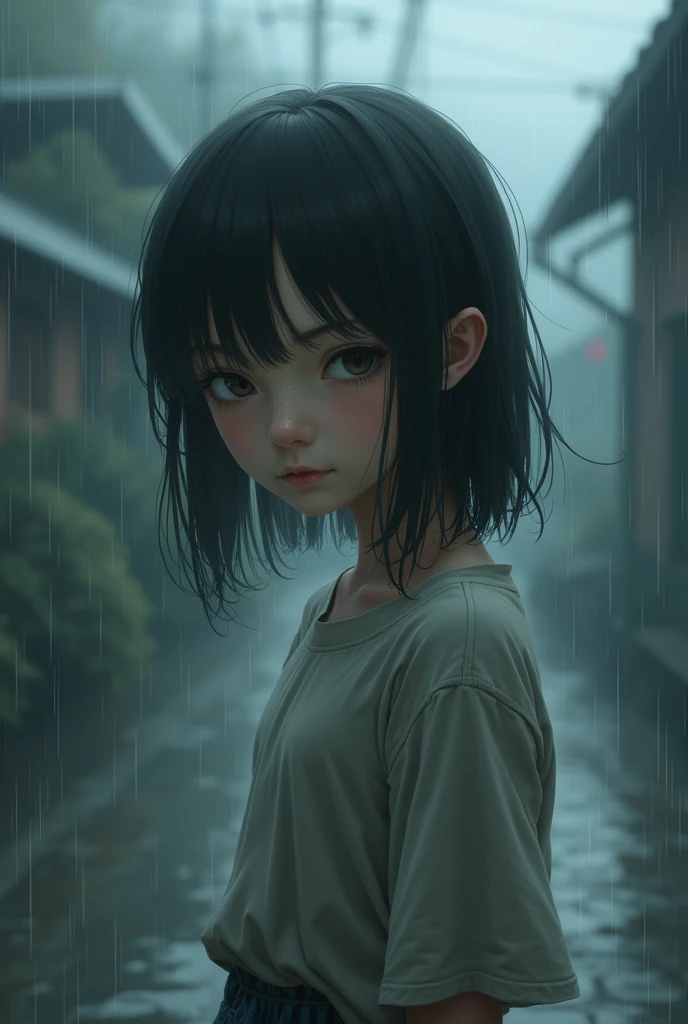 a beauty girl,asian descent,Wet with all over the body,JK,rained,Looming