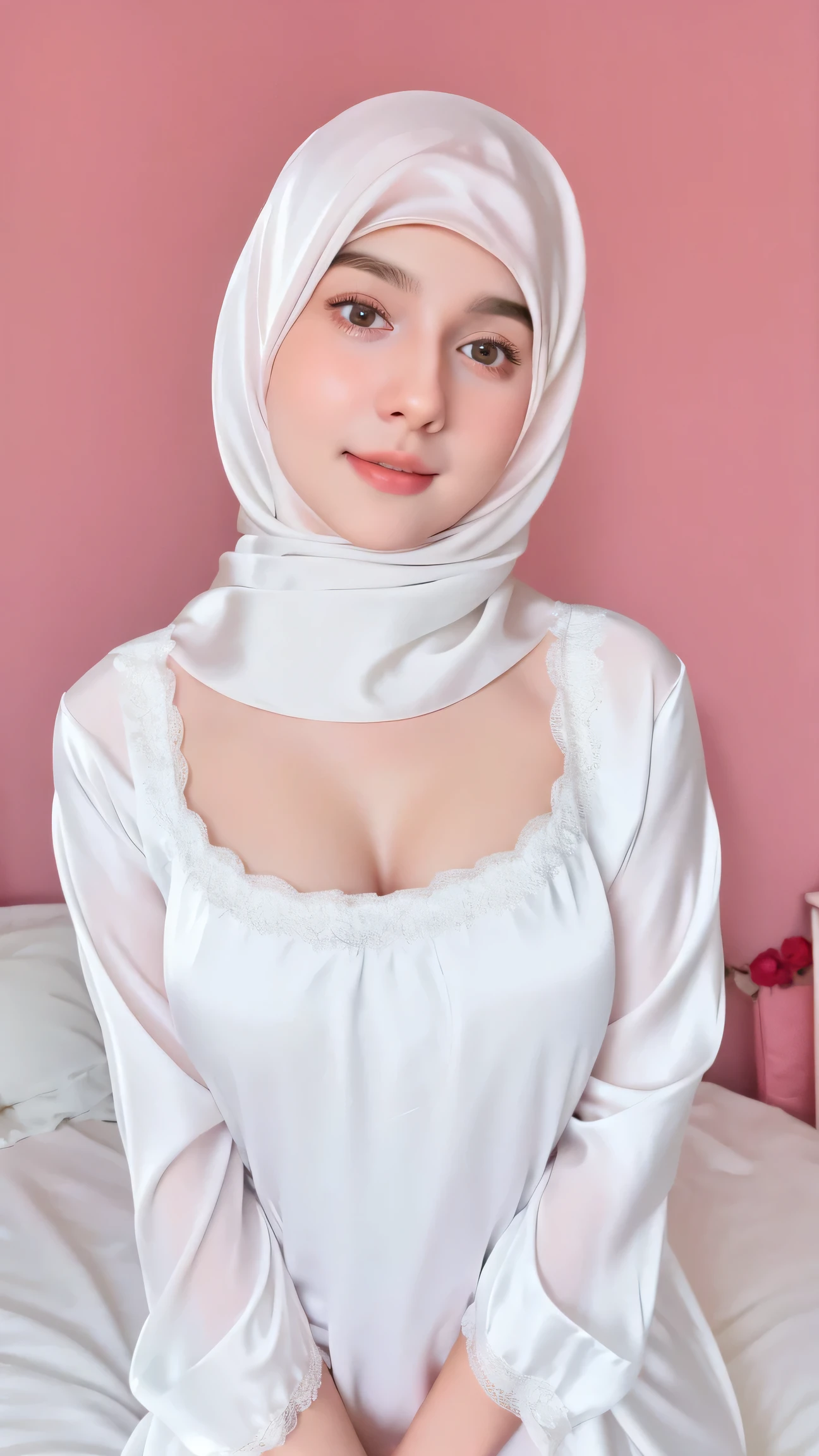 10 years old, baby face, adorable, 1 girl, (face to face), 10 years old, baby face, happy, half body portrait, (face details: 1), (eye details: 1), ((big breasts)). wearing transparent transparency long shirt, hijab, .. Cute posed. proportional body. Ultra High Res. realistic: 1.4, UHD