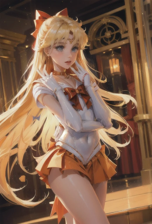 An incredibly beautiful young blonde femme fatale, with long golden straight hair, a scarlet bow in her hair, blue eyes, beautiful facial features, she is wearing an orange sailor suit, she is holding a golden chain of Venus in her hands. She's Sailor Venus.