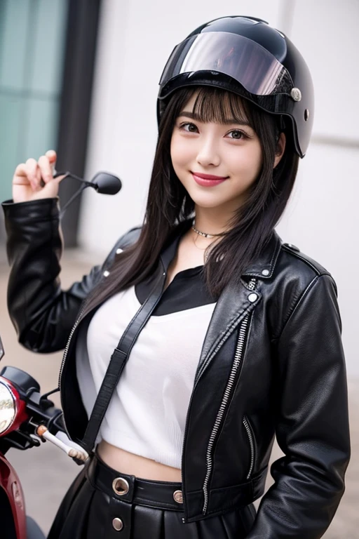 Best image quality (8k, High resolution, masterpiece: 1.2), Very detailed, Random Hairstyles, 26-year-old woman, 

Extraordinary beautiful girl、Cute and beautiful face details、(Dealing with the Children_v1:0.008)、


score_9, score_8_upper, score_7_upper, 

The moment when you get on the bike: I straddled my motorcycle parked in the parking lot.、Just before putting on the helmet。Getting ready to go on an evening tour。
clothing: Black leather jacket and fingerless gloves、She&#39;s wearing leather pants over her leggings。She finished off her look with black ankle boots.。
expression: A confident expression of &quot;Just before putting on the helmet&quot;。


,Active stop temporarily ,
On her side、The thunder danced。
Focus on the upper waist


, Random cute poses ,Big eyes ,Puffy eyes ,  Heart pupil, blush  , Big shy smile , salute

　

