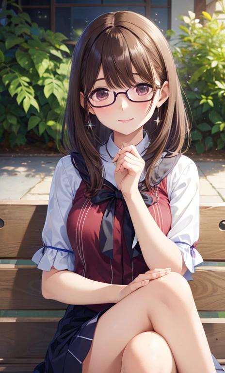 anegasaki nene、 shiny maroon hair, ( brown pretty eyes 、 sparkling eyes , Fine grain)、smile、 super detailed eyes、 very detailed face, very detailed eyes, (Masterpiece:1.2, best quality), 1 girl, cowboy shot、
(Beautiful sister:1.3)、 best quality、masterpiece、High sensitivity、 high resolution、 Detailed Help 、 Slender Woman 、Glasses、Summer clothes、sit、 cross your legs、