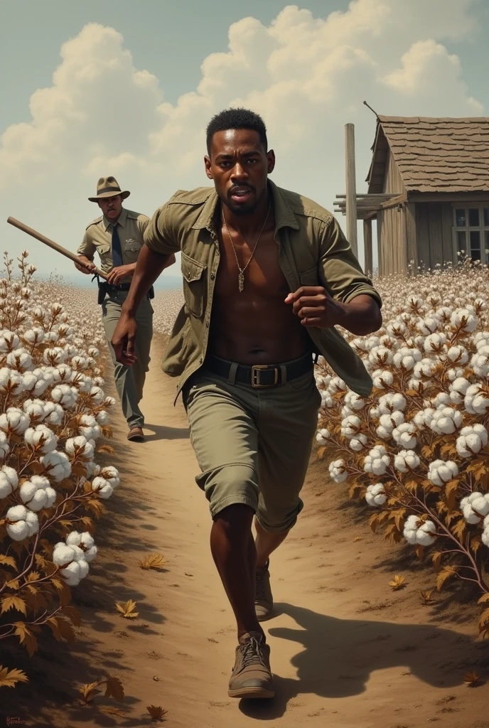 black man funning from white police man on cotton farm