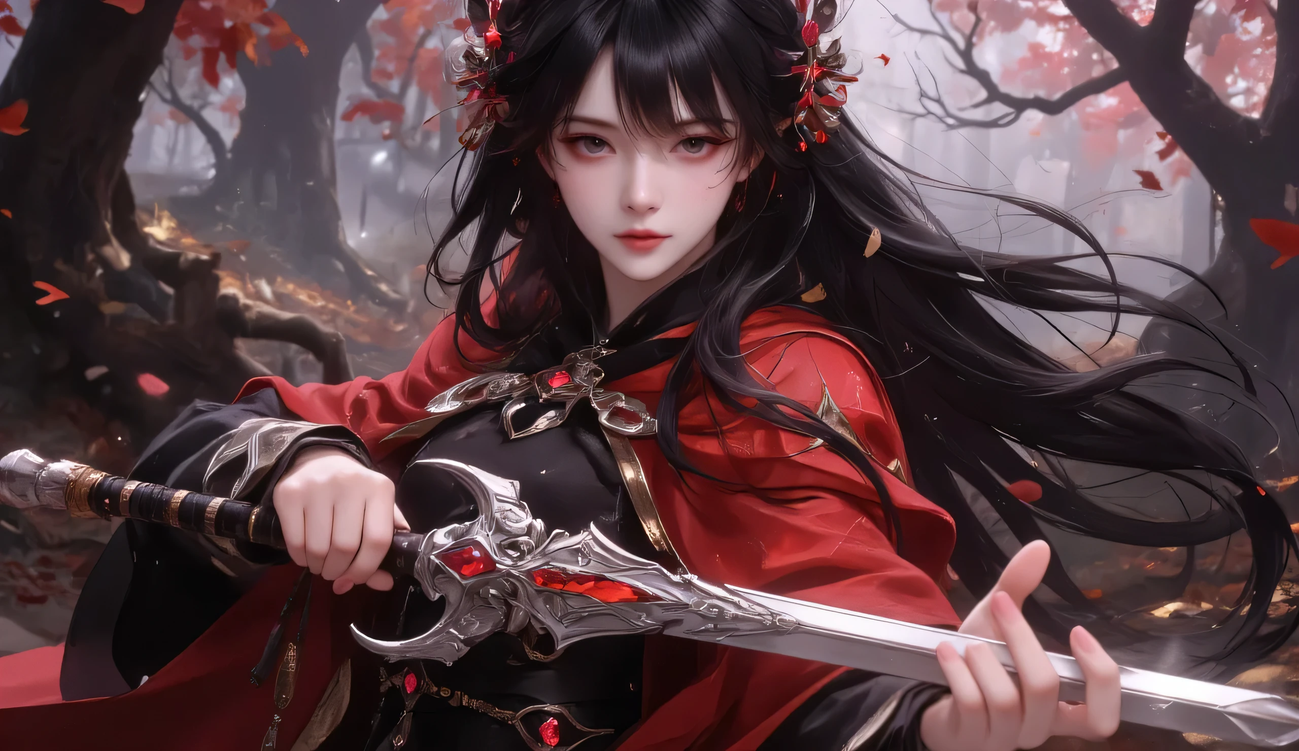 A mystical warrior in a dark, enchanted forest bathed in hues of red and pink. She wields an ornate, silver sword adorned with glowing crimson gems, exuding an aura of both elegance and power. Her long, flowing black hair contrasts with her striking red cloak, which blends seamlessly with the surrounding autumn leaves floating gently in the air.
The forest background is ethereal and dreamlike, with blurred outlines of twisted trees and a soft mist rolling through the terrain. The lighting is soft and diffused, accentuating her intense, soulful eyes and the intricate details of her attire and weapon. The scene is serene yet foreboding, creating a captivating and cinematic atmosphere.