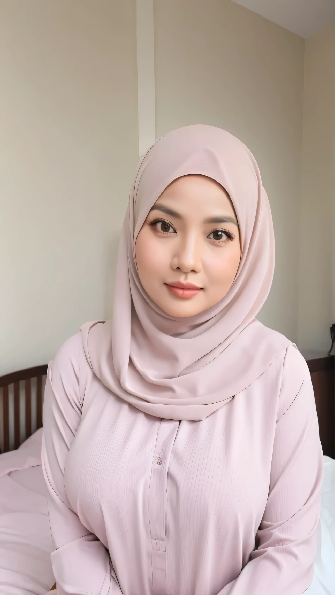 a photo portrait of a beautiful asian girl with hijab and few freckles, (plain pastel pink hijab), (medium shot portrait:1.3), dramatic light , Rembrandt lighting scheme, (hyperrealism:1.2), (8K UHD:1.2), (photorealistic:1.2), shot with Canon EOS 5D Mark IV, detailed face, detailed skin texture