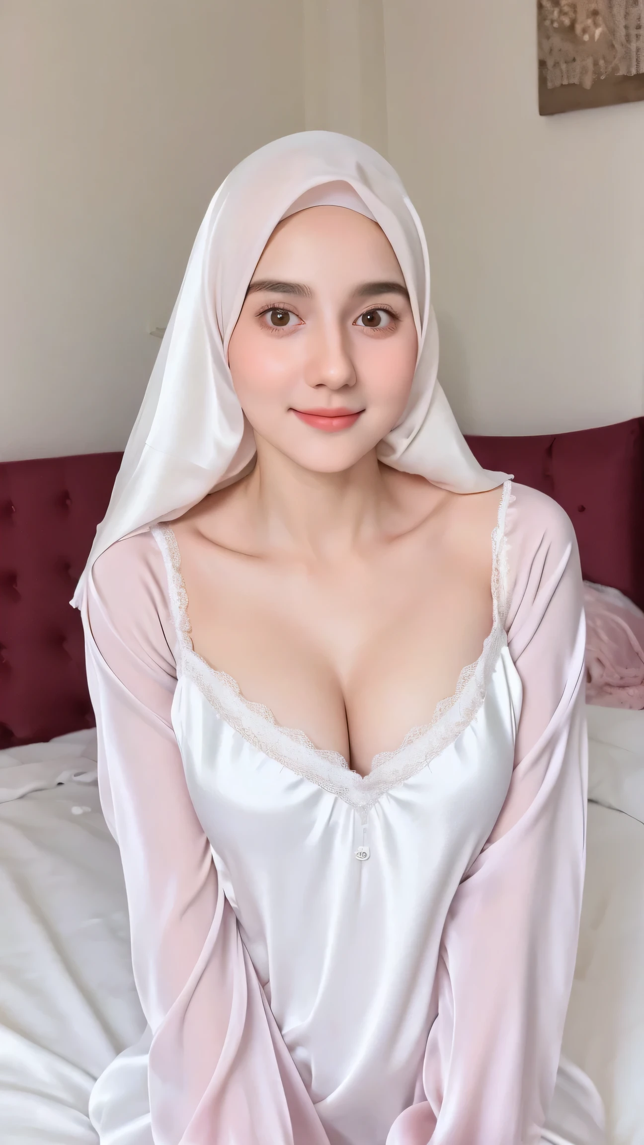 ((Thick lips:1.6)), ((((HALF BODY PORTRAIT)))), Naked, (((VERY SHINY SKIN))), Very cute like a baby face, ((Stylish Hijab)), adorable, 1 girl, 10 years old, baby face, shy, half body portrait,smile, (face details: 1), (eye details: 1), ((round large breasts, cleavage)). Cute posed. proportional body. Ultra High Res. (realistic: 1.9), UHD, ((SHINY SKIN :1.5)), ((V-neck ice silk suspender nightdress)),