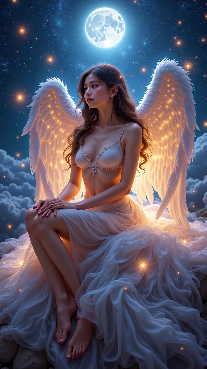 (8k, Foto RAW, melhor qualidade, senhor:1.2), (Realistic, photo-Realistic:1.37) anime angel girl with wings holding a heart in her hands, angelic and unsettling, glowing angelic being, anjo protegendo a mulher, angel watching demon, Serafim, evangelionic illustration, Anjo no inferno, angelical, angelic, O anjo da morte with a halo, anjo baixo, ( ( pare quatro # ) ), O anjo da morte, um anjo