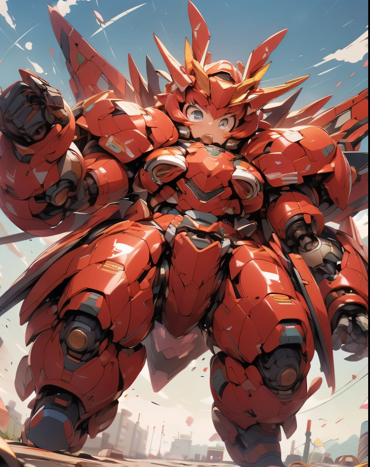 (((1 chibi girl in large robot costume, equip helmet))), ssmile, (black hair), (chibi), (bulky:1.8), (((helmet))), large cute face, (((looking down:1.5))), mechanical parts, ((mechanical wings)), (full armor:1.8), (mecha armor:1.8), (shoulder guards:1.2),(huger arms), ((mechanical arms:1.5)), (short legs), (huger body:1.8), (heavy equipment:1.6), (from below), blue sky, white clouds, robot joints, becoming a mecha, mecha, (RARS), (HRS), ROBOTANIMESTYLE, BJ_Cute_Mech,cute, girl BREAK ((masterpiece)), vibrant colors, 8k, best quality, ultra detailed illustration, ((best quality)), ((high resolution)), flawless skin textures, shiny oiled skin, extremely detailed anime eyes , extreme light and shadow
