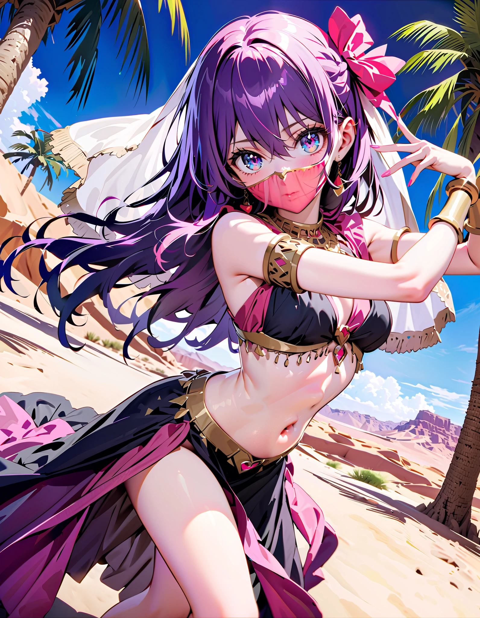 aihoshino, Love Hoshino, Alone, long hair, bangs, 紫色の目, purple hair, symbol-shaped pアップils,
One Side Up, hair ornament, hair bow,, Arabian costume, dancer, mouth Veil, belly Dancing, Veil, armlet, palm tree , Dancing,Bare legs, holding a triangular rice ball with both hands , break looking at viewer,
break outdoors, desert,oasis,
break (masterpiece:1.2), best quality, high resolution, Unity 8K Wallpaper, (figure:0.8), ( precise and beautiful eyes:1.6), very detailed face, perfect lighting, very precise CG, ( perfect hand, perfect anatomy),