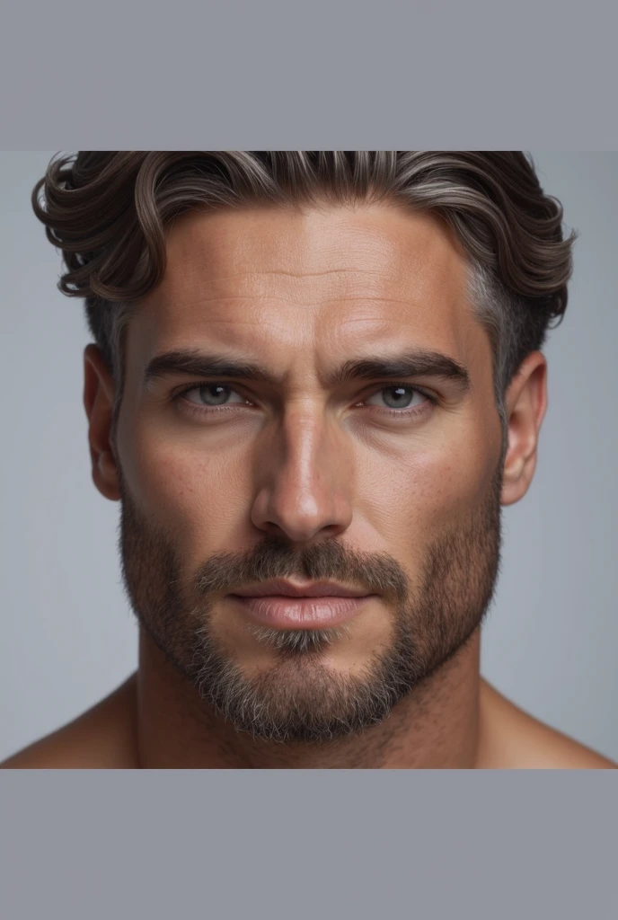 one men, mellow, stark, barba, brown and gray hair, black leagwear