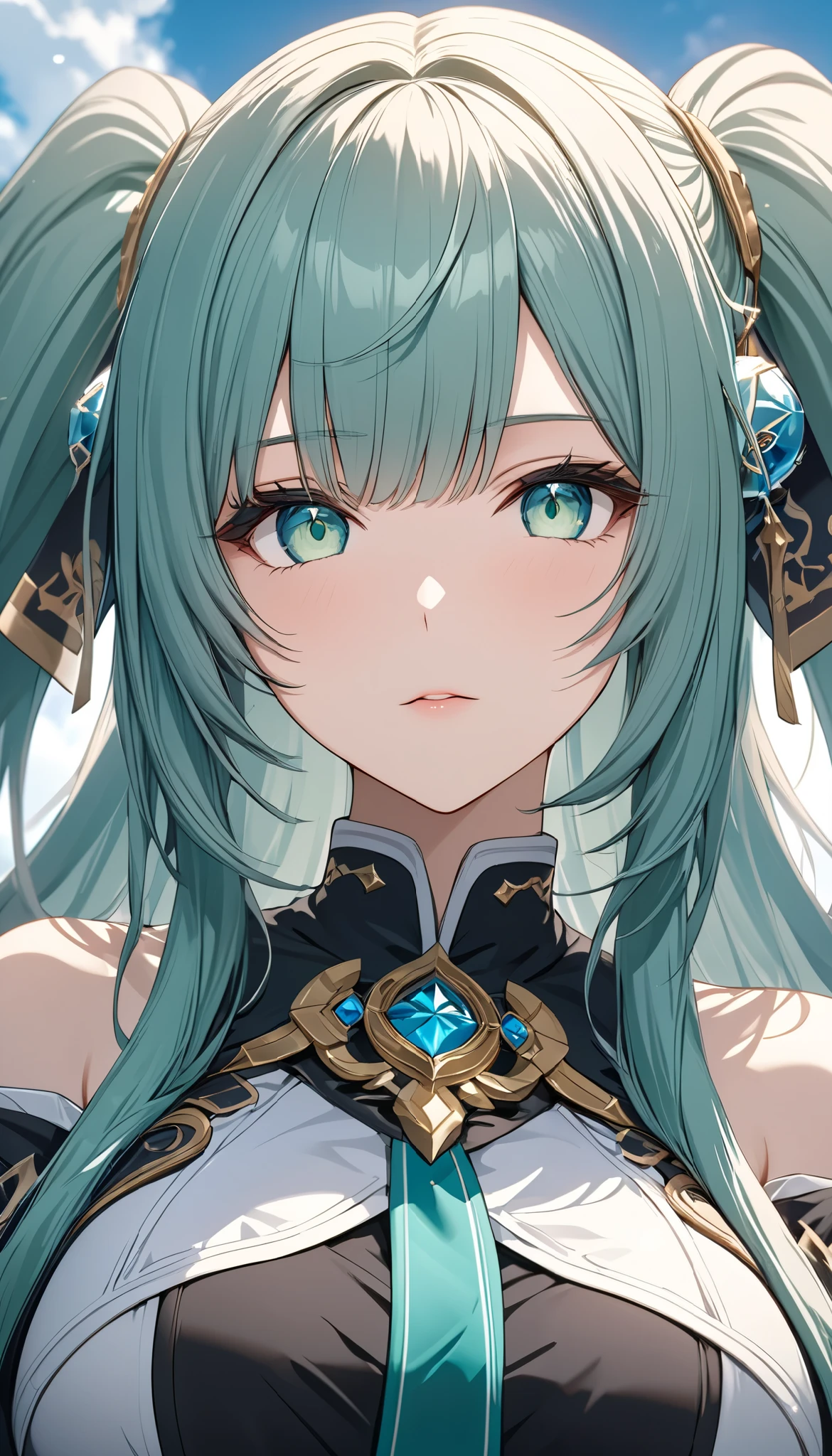 (best quality, Ultimate resolution, masterpiece), a beautiful woman, Alone, Squat down,  Farzan, clergy,  super detailed, from below, clear jade green eyes, twin-tail long hair, straight bangs, aqua blue colored, Peers at You , transparent atmosphere, Clear sunrise background, super detailed, Natural soft focus, exposure, dramatic lighting, adjust color balance, harmony between subject and background, movie-like scene, Super Retina, ultimate resolution processing, 16k, Ultra Fine, \Genshin Impact, Aiu\, digital ultra detailed animation