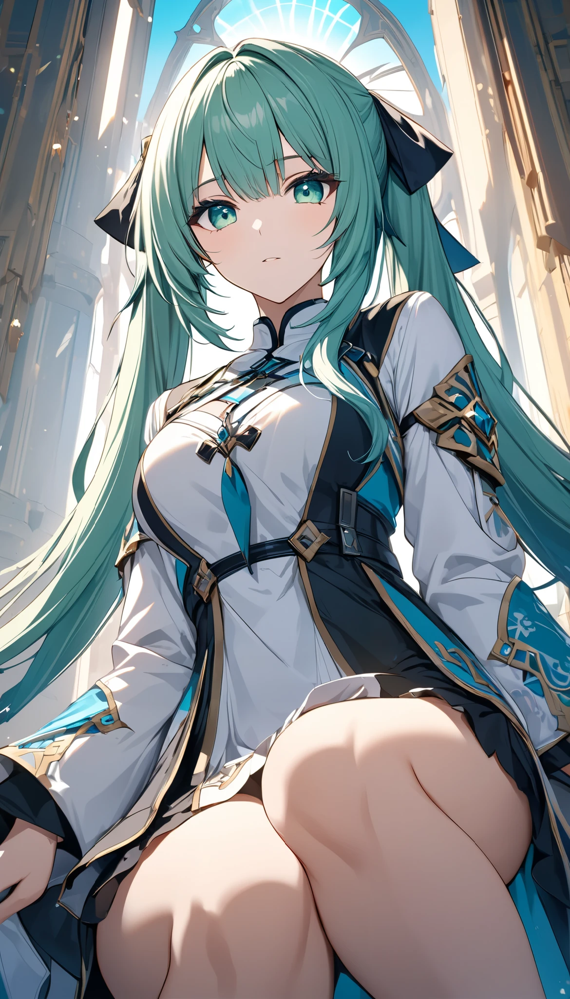 (best quality, Ultimate resolution, masterpiece), a beautiful woman, Alone, Squat down,  Farzan, clergy,  super detailed, from below, clear jade green eyes, twin-tail long hair, straight bangs, aqua blue colored, Peers at You , transparent atmosphere, Clear sunrise background, super detailed, Natural soft focus, exposure, dramatic lighting, adjust color balance, harmony between subject and background, movie-like scene, Super Retina, ultimate resolution processing, 16k, Ultra Fine, \Genshin Impact, Aiu\, digital animation