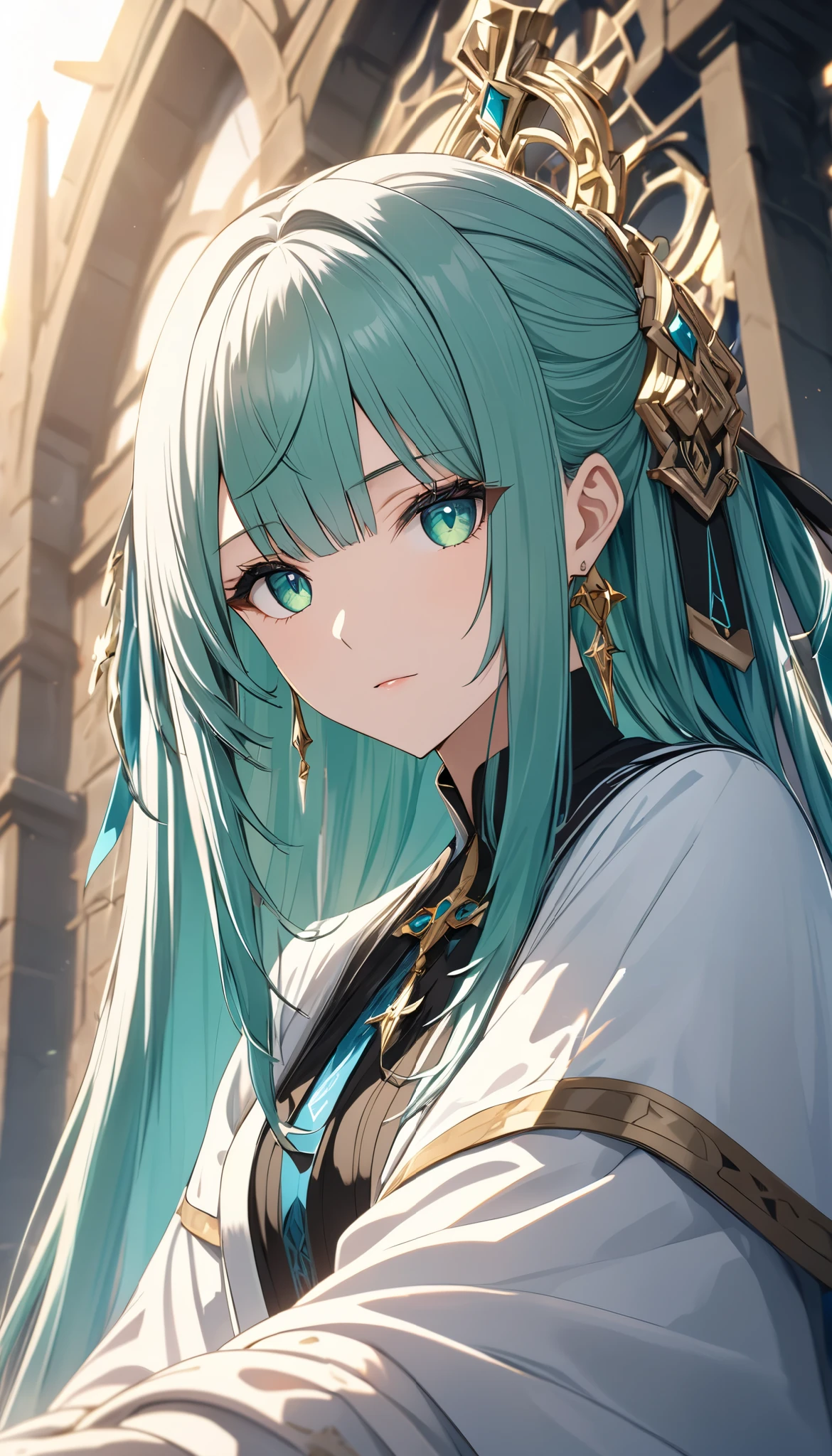 (best quality, Ultimate resolution, masterpiece), a beautiful woman, Alone, Squat down, Farzan, clergy, super detailed, from below, clear jade green eyes, aqua twin-tail long hair, straight bangs, Peers at You , transparent atmosphere, Clear sunrise background, super detailed, Natural soft focus, exposure, dramatic lighting, adjust color balance, harmony between subject and background, movie-like scene, Super Retina, ultimate resolution processing, 16k, Ultra Fine, \Genshin Impact, Aiu\, digital animation