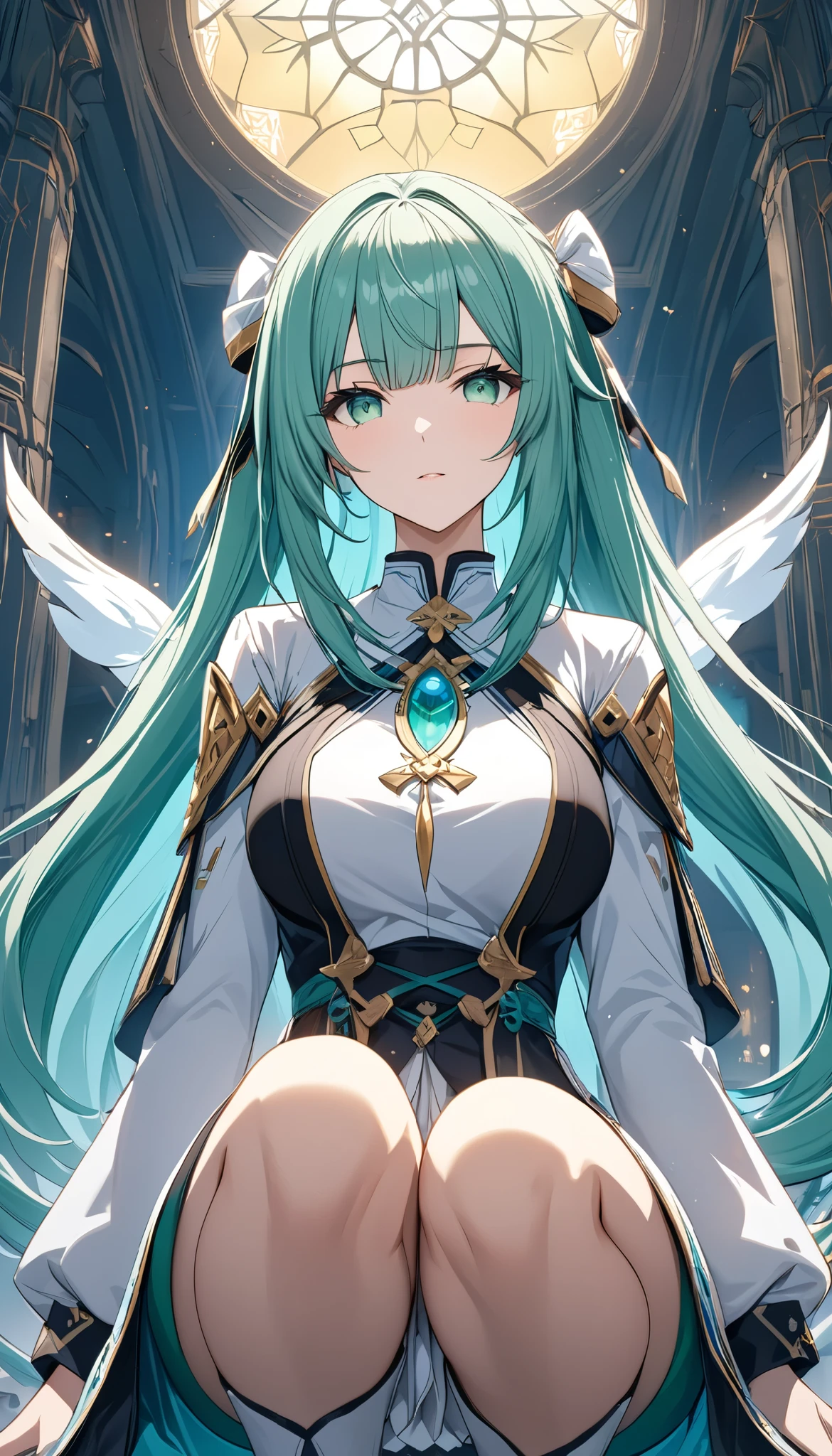 (best quality, Ultimate resolution, masterpiece), a beautiful woman, Alone, Squat down, Farzan, clergy, super detailed, from below, clear jade green eyes, aqua twin-tail long hair, straight bangs, Peers at You , transparent atmosphere, Clear sunrise background, super detailed, Natural soft focus, exposure, dramatic lighting, adjust color balance, harmony between subject and background, movie-like scene, Super Retina, ultimate resolution processing, 16k, Ultra Fine, \Genshin Impact, Aiu\, digital animation