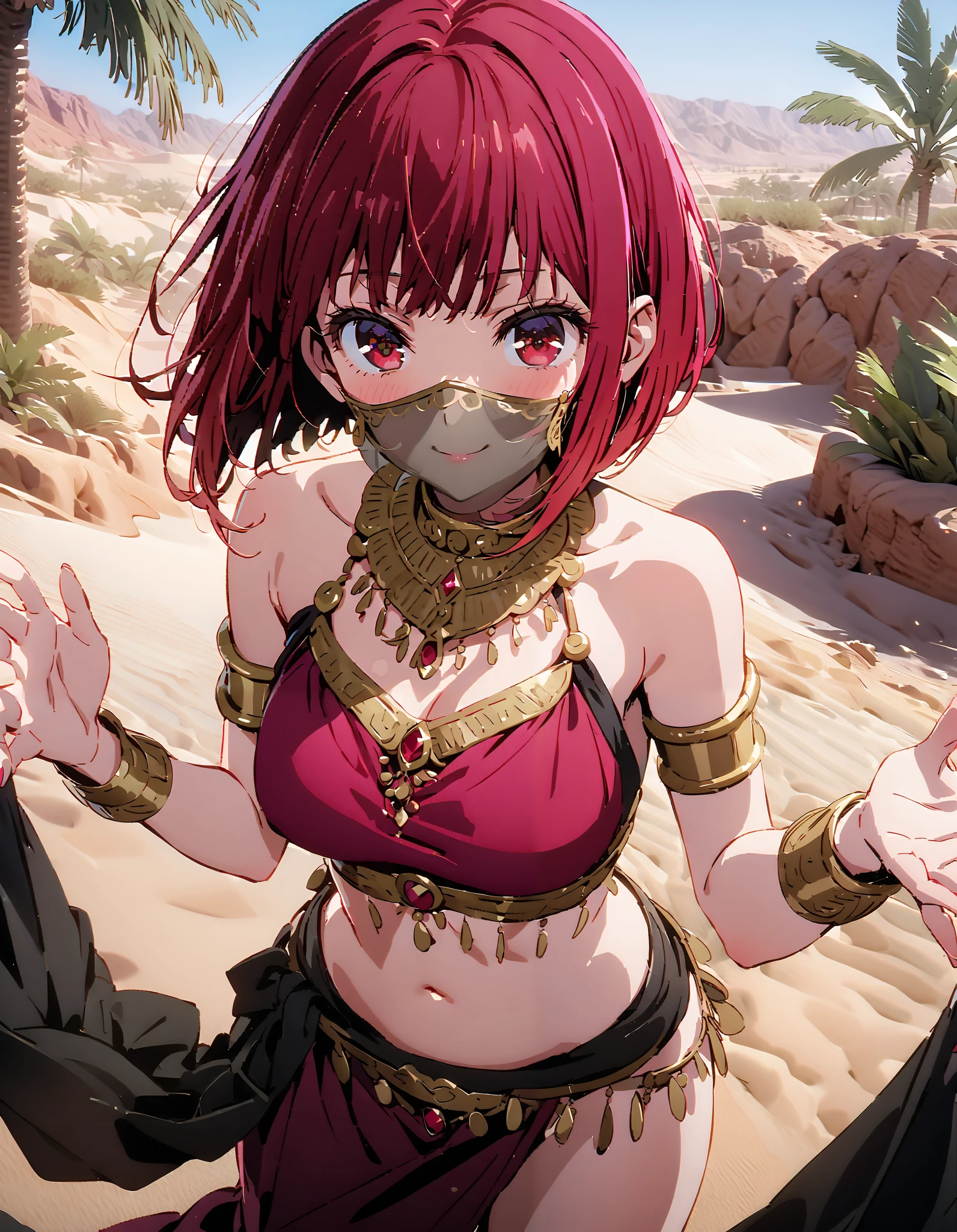 Canary, Arima etc.,  short hair, bangs,  red eyes, Red Hair,  bob cut, smile,  Arabian costume,  dancer, mouth Veil, belly Dancing, Veil,  armlet,  palm tree , Dancing,Bare legs, holding a triangular rice ball with both hands ,                                         break looking at viewer,
break outdoors,  desert,oasis, 
break (masterpiece:1.2),  best quality,  high resolution,  Unity 8K Wallpaper, (figure:0.8), ( precise and beautiful eyes:1.6),  very detailed face,  perfect lighting,  very precise CG, ( perfect hand,  perfect anatomy),