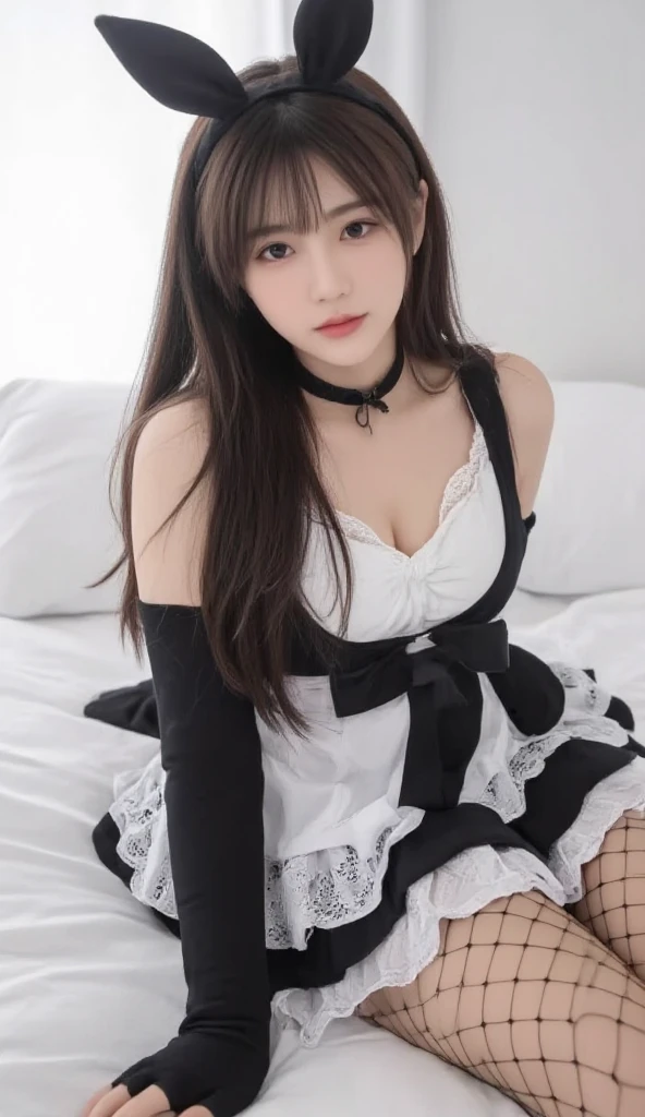 (8K, top-quality, masterpiece:1,2), (reallistic, Photorealsitic:1.37), Super Detail, One girl,), (Highly detailed), (beautifully detailed eyes), (of the highest quality), (super detailed ), (masterpiece), (Detailed face),20yr old, ,1 girl, black hair,Very short hair, medium breasts, full body, clothed, aroused face, naughty face,There is a woman in maid clothes sitting on the floor, gorgeous maid, wearing a maid outfit, a girl in maid costumes, maid clothes, japanese maid cafe, maid dress,ultimate beauty girl, ((smooth hair,detailed hairs,Very fine hairs)),slim figure,extremely detailed eye and face、beatiful detailed eyes,Cool color makeup,Expro II,Lens Flare,Sharpen,cinematic shadow,White lace socks
