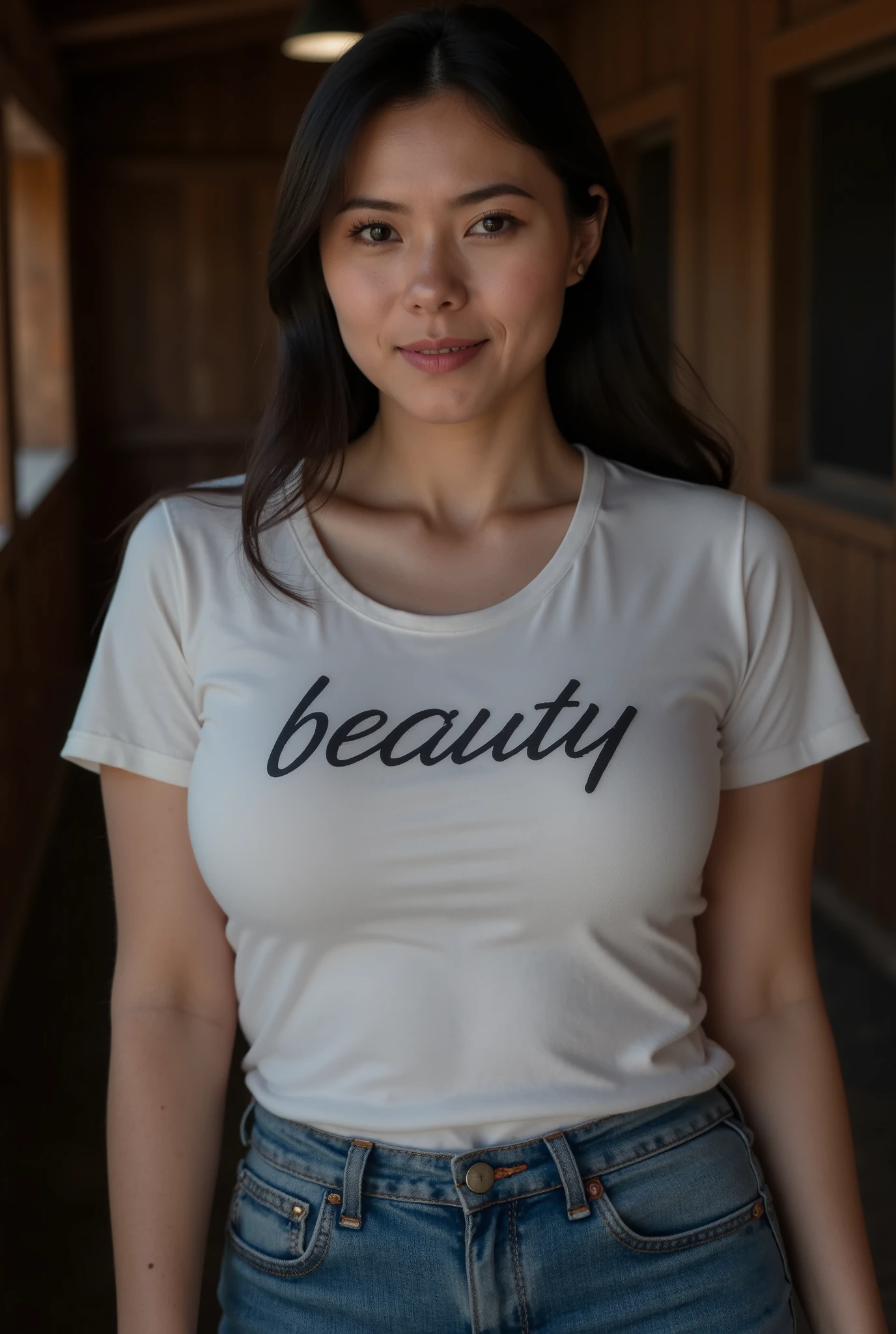 Masterpiece, 1 girl, japanese adult mature idol, brunnette ponytail hair with bangs, heavy natural breasts, (white t-shirt), slutty expression, cute mature face, Masterpiece, 1 girl, natural breasts, (thick arms), (curvy thick slim oriental beauty), (t-shirt written decorated font "Beauty"), jeans,clothes material, slutty, cute face, blushing, ranch girl, farmer, country girl, artifiicial lighting, front view, real photography - ultra-realistic, 16K UHD, in a dark secluded horse wooden stable at night,