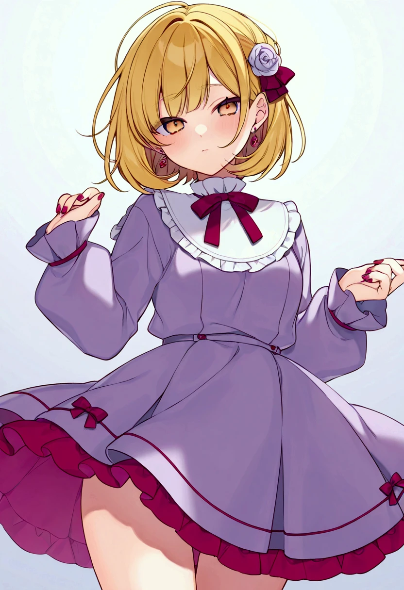 masterpiece, highest quality, 8k, ultra high resolution, highest quality, anime style, best writing, beautiful face, bob cut、room, blonde, green eyes, masterpiece, highest quality, Hinaichigo, pink dress, white dress layers, (bloomers:0.6)、sit with legs stretched out on the floor、blush、smile
