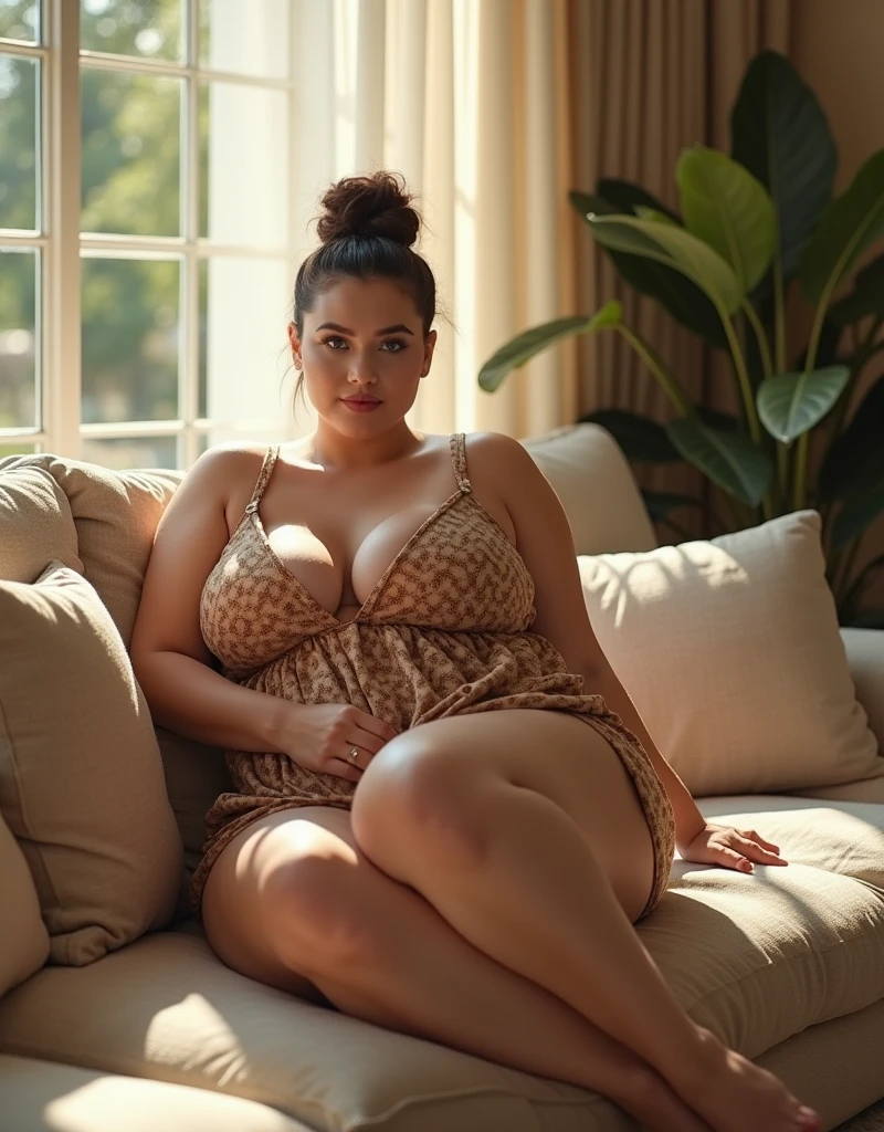 (photorealism:1.2), beautiful woman, chubby, lying on bed, wearing loose off-shoulder top, pajama pants, long curly hair, indoors, soft lighting, plants in background, window with sunlight, cozy room, relaxed pose, realistic, intricate details, warm colors, sleepy